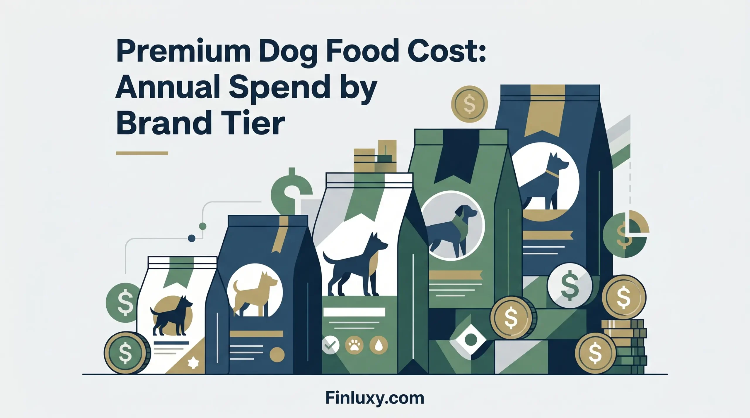 Geometric illustration showing dog food bags of various price tiers with dollar coins, under the headline 'Premium Dog Food Cost: Annual Spend by Brand Tier'.