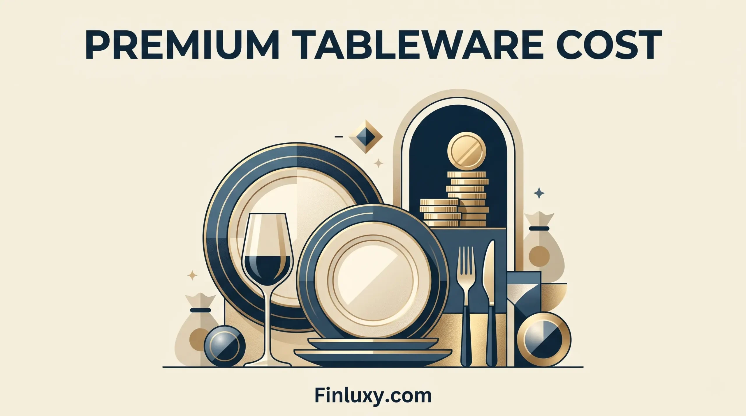 Geometric vector illustration of people seated around a premium dining table with fine dinnerware, styled for Finluxy.com.