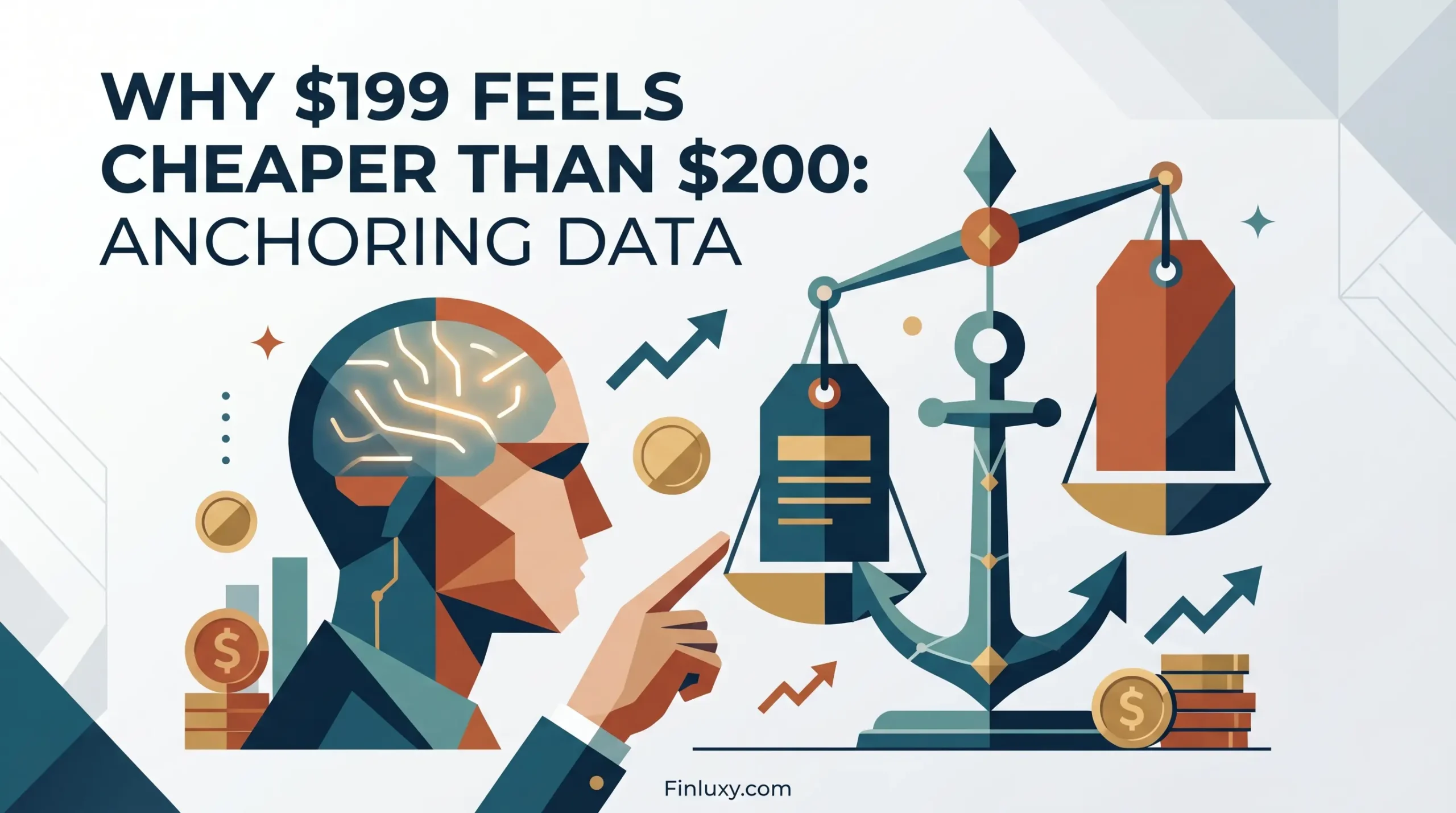 A modern vector illustration showing a geometric human profile with a brain pointing at scales of justice with an anchor base and price tags.