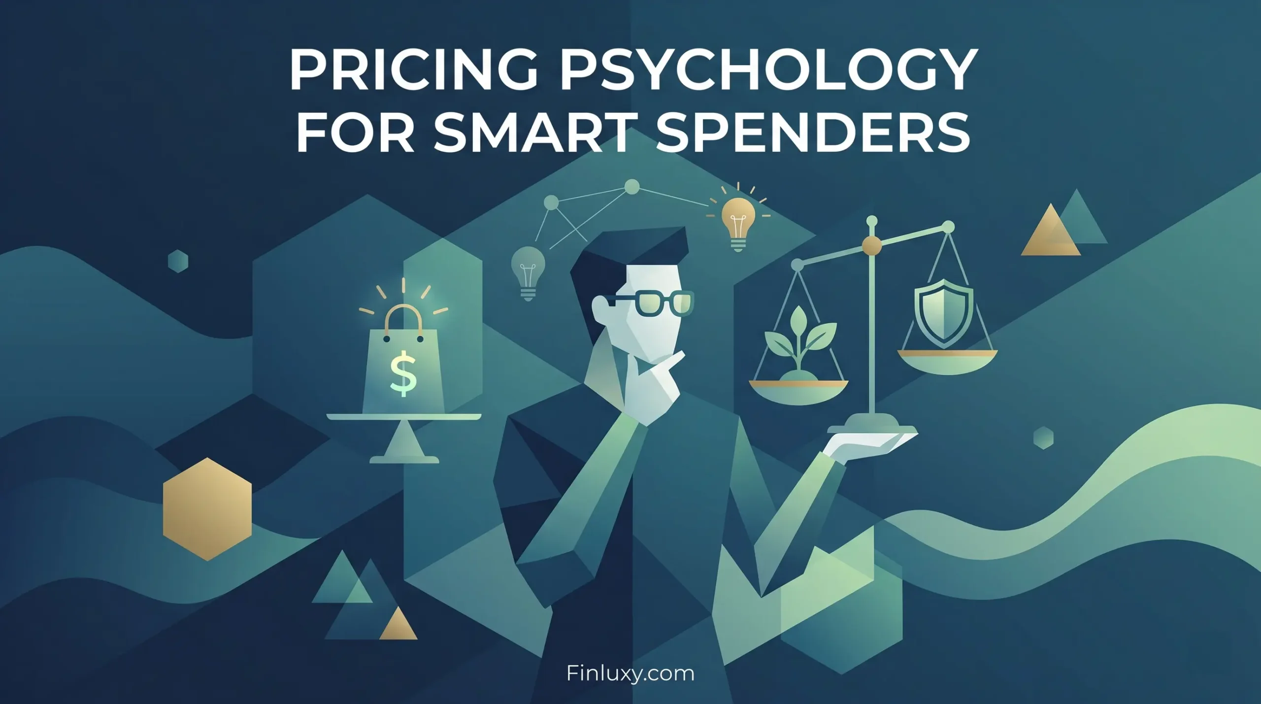 Geometric illustration showing a person weighing purchasing decisions against savings, representing pricing psychology for smart spenders, with Finluxy.com branding.
