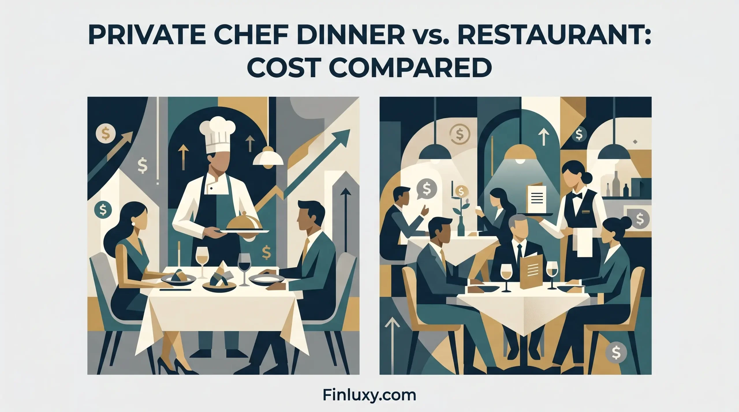 A modern geometric illustration comparing the costs of a couple enjoying a private chef dinner versus patrons in a restaurant.
