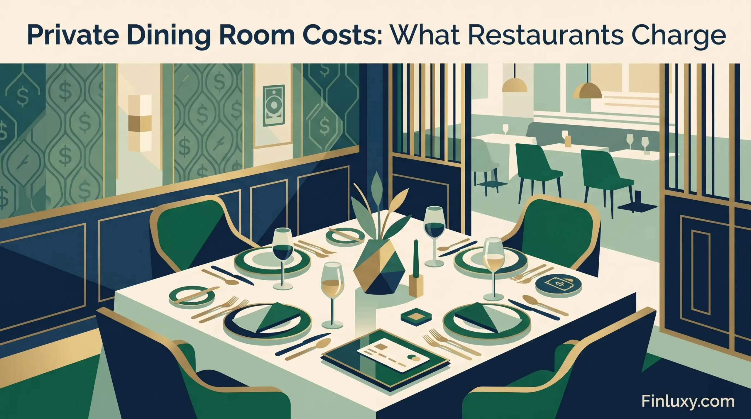 A stylized geometric illustration of an upscale restaurant private dining room with financial symbols and a headline about costs.