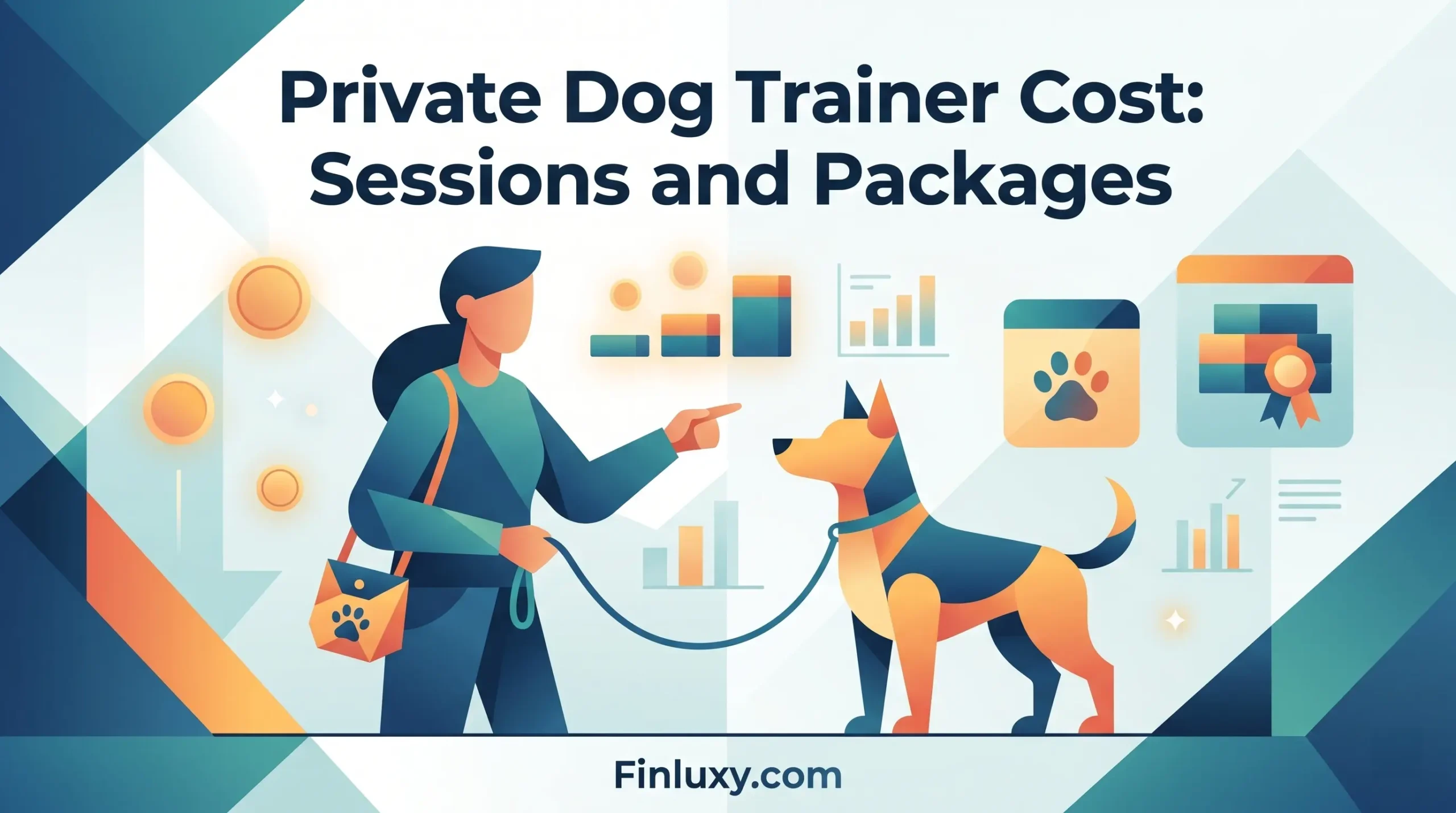 Geometric illustration of a person training a dog, with coins and charts symbolizing private trainer costs and packages.