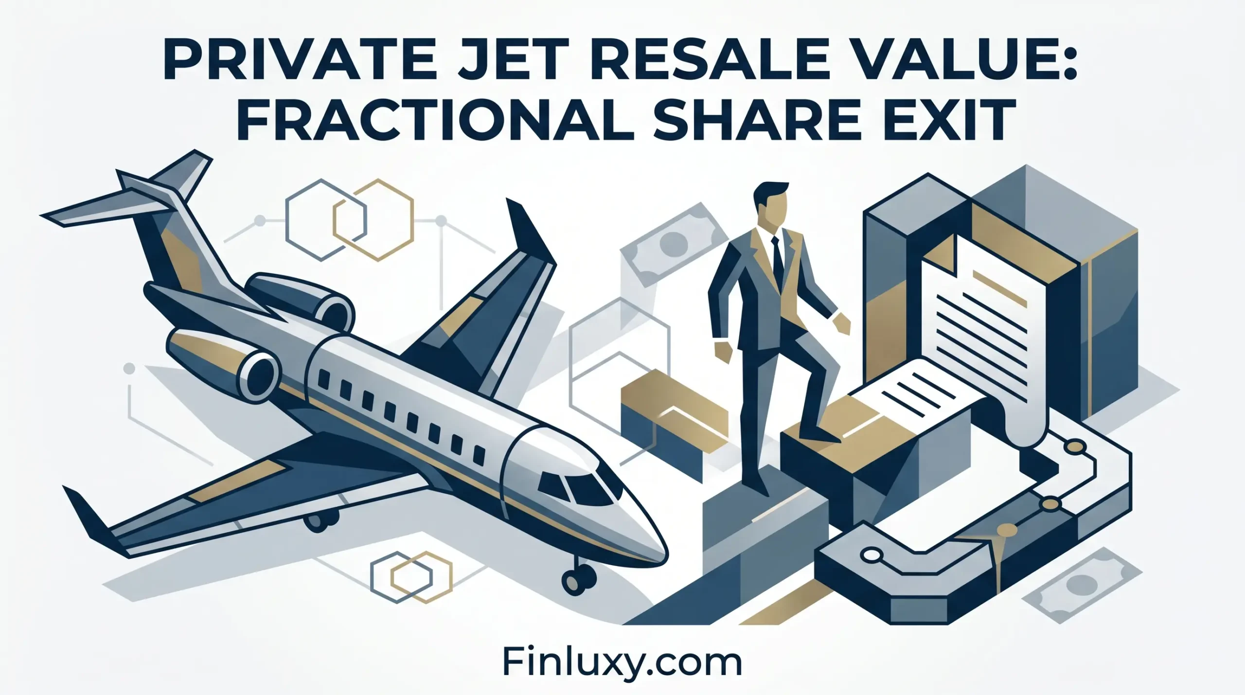 Geometric vector illustration of a private jet next to a businessman reviewing a financial contract on a clean white background.