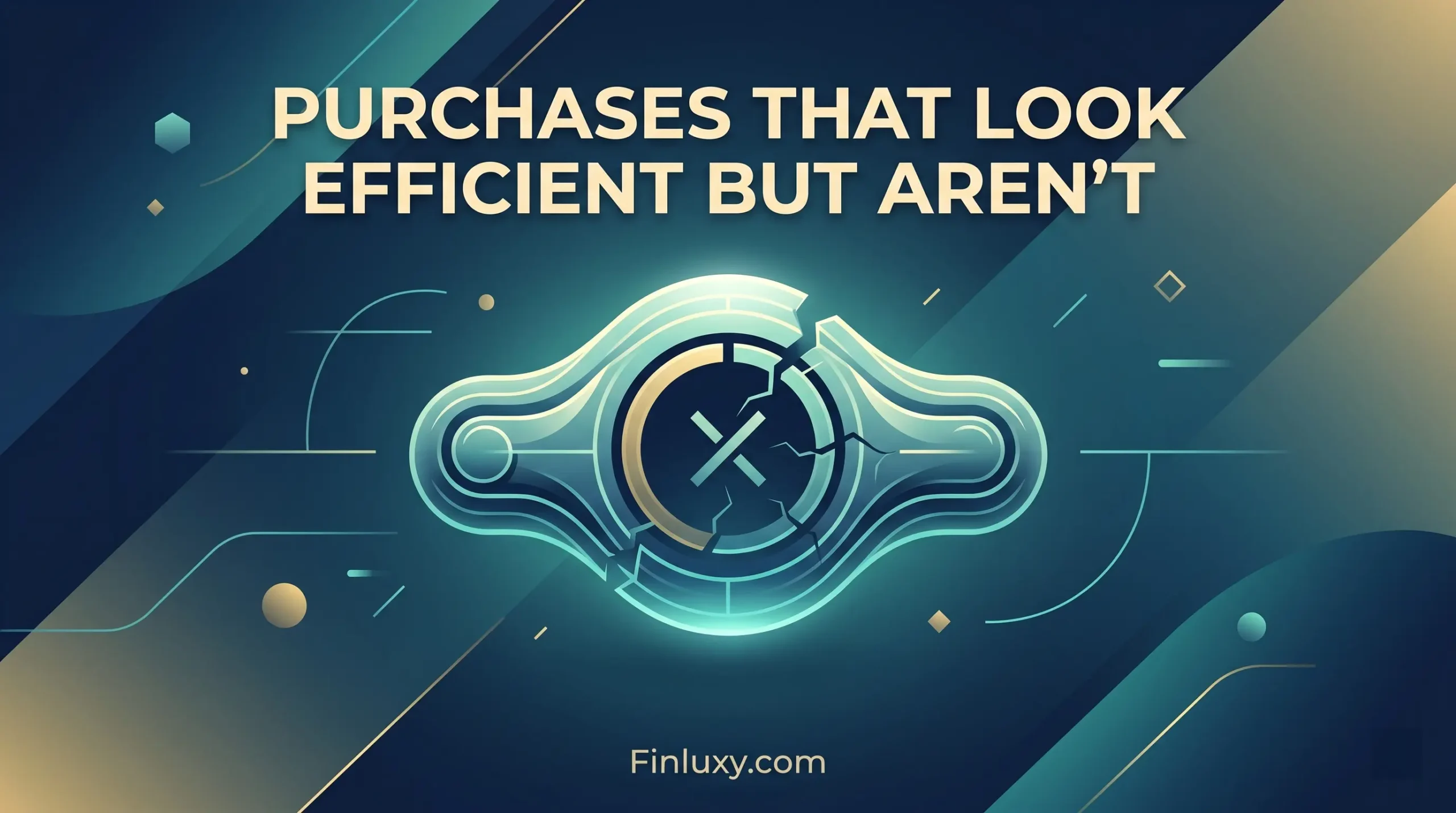 Modern geometric illustration of a fractured efficiency symbol under the headline "Purchases That Look Efficient But Aren't."