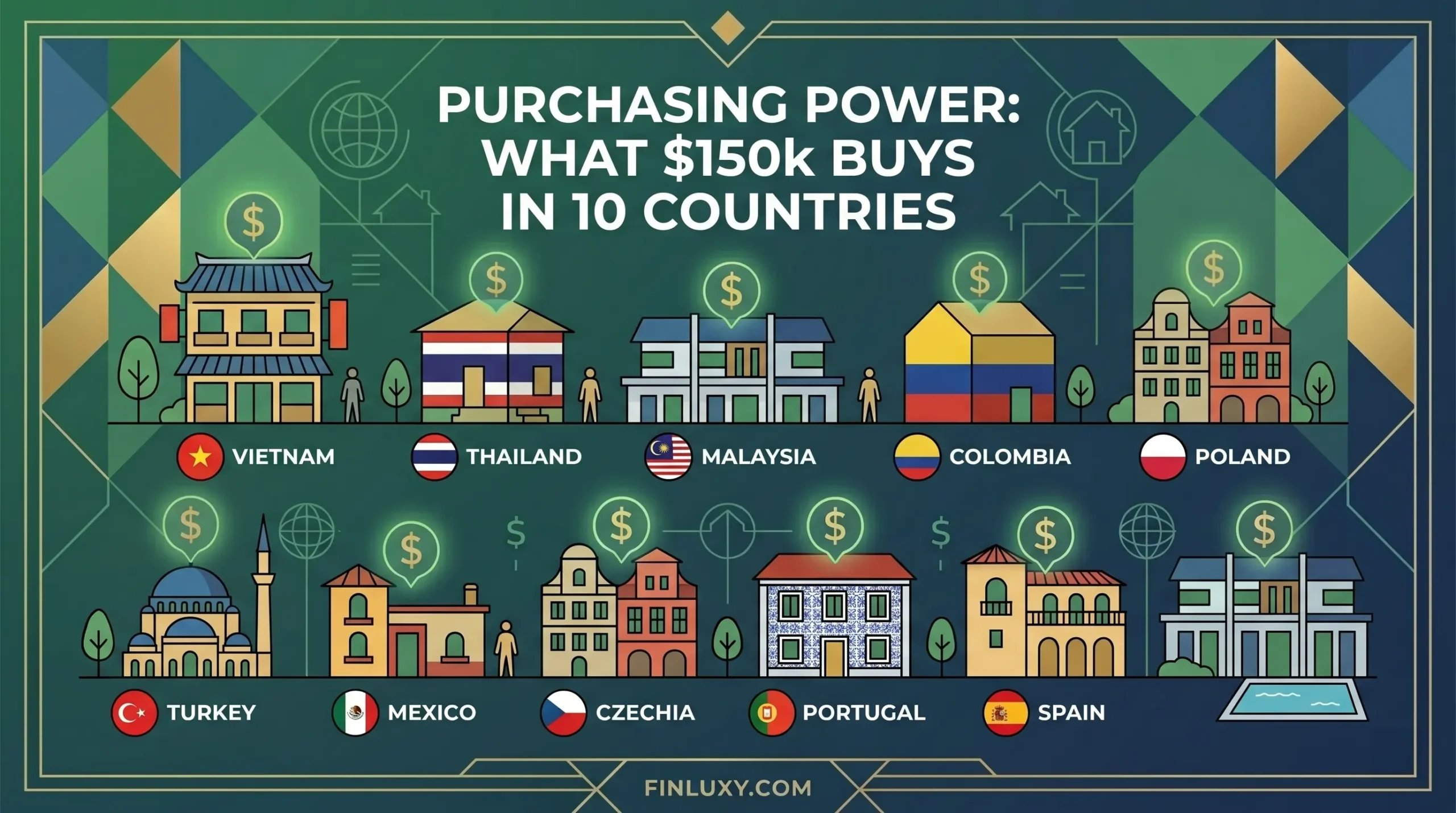 Geometric vector illustration showing icons of houses with various country flags, including Vietnam, Thailand, Malaysia, Colombia, Poland, Turkey, Mexico, Czechia, Portugal, and Spain, titled "Purchasing Power: What $150k Buys in 10 Countries."
