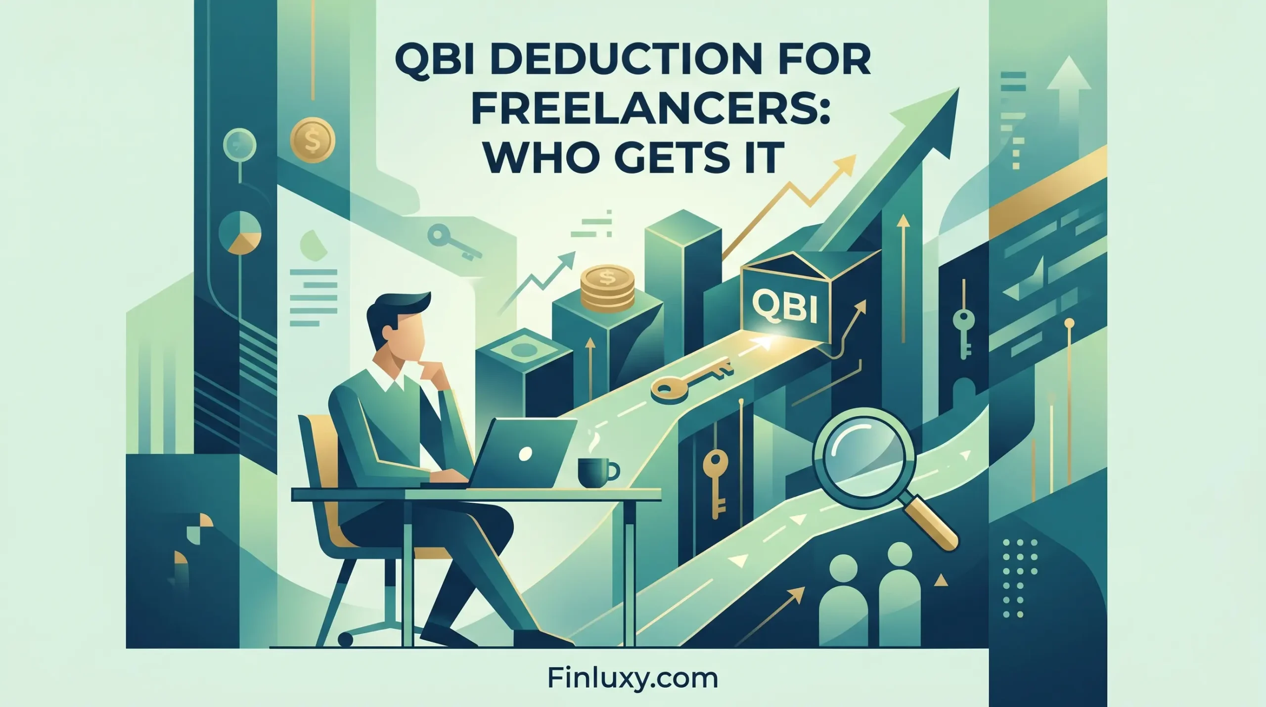 A geometric illustration shows a freelancer thinking at a desk, with arrows leading to a QBI deduction concept.
