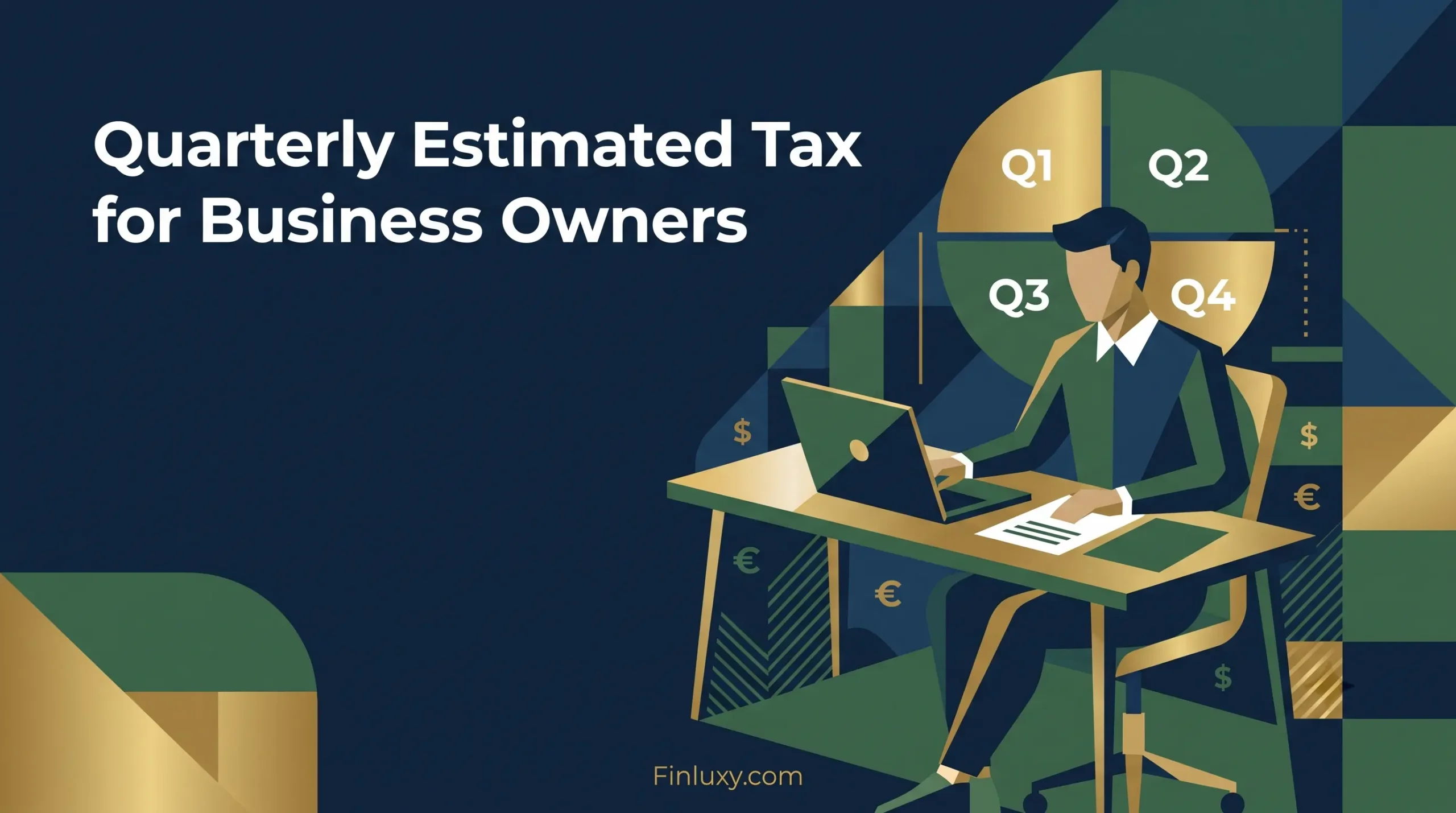 Geometric vector illustration of a business owner at a desk with a laptop, highlighting the four financial quarters.