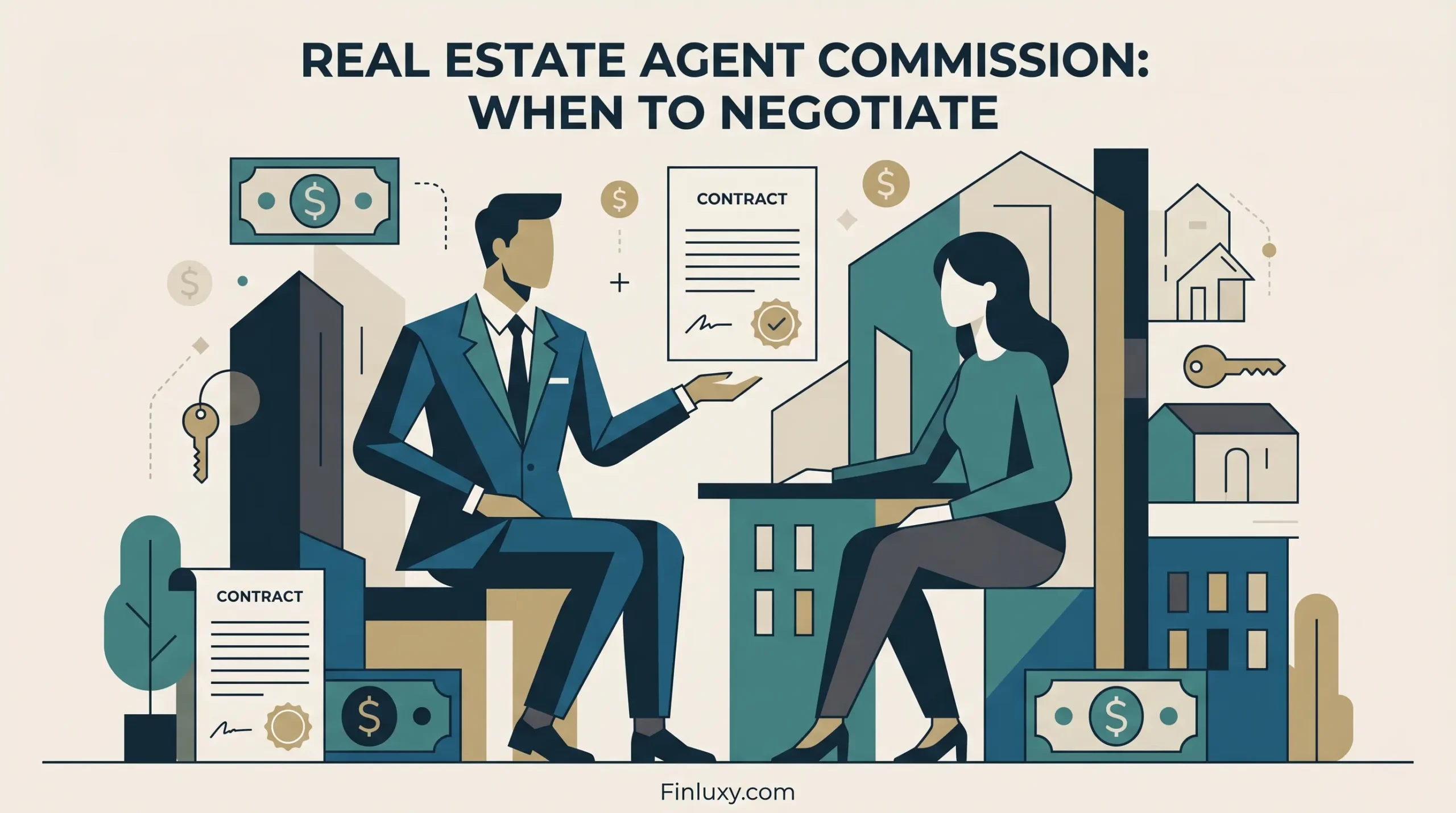 Geometric vector illustration of a man and woman discussing a real estate contract, featuring subtle finance and housing elements.