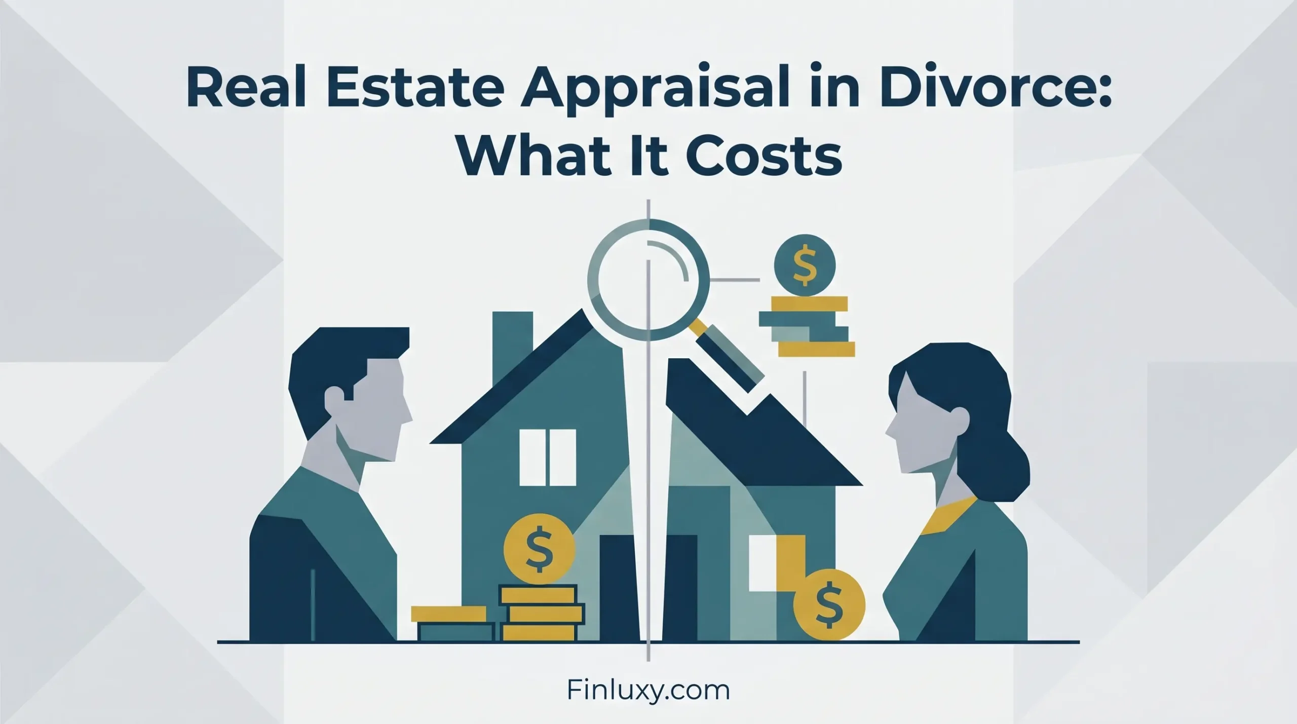 Geometric illustration showing a split house being appraised with a magnifying glass, as a couple stands on opposite sides.