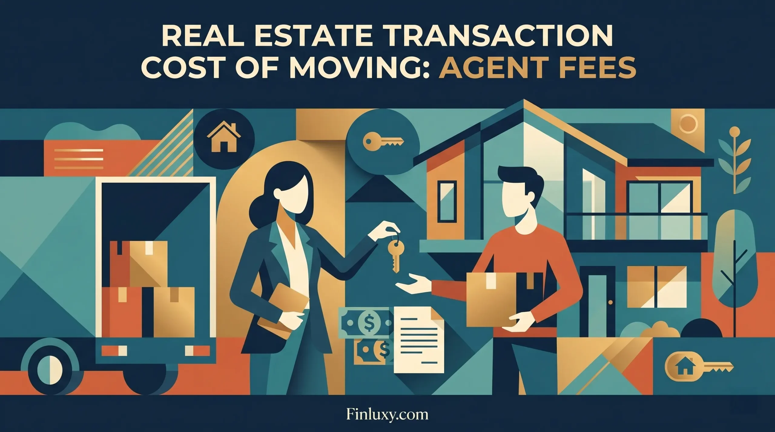 Modern geometric illustration of a real estate agent handing keys to a new homeowner with money and a moving truck.