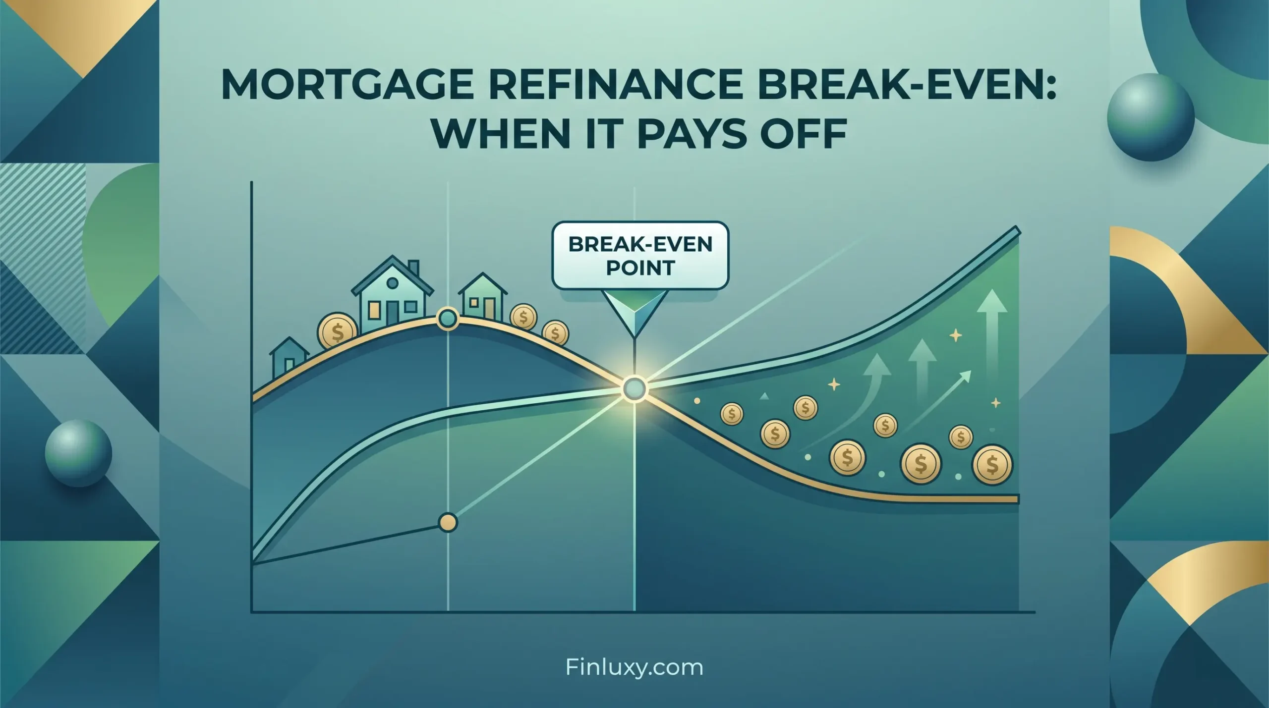 Modern geometric illustration of a finance graph showing a mortgage cost line and a savings line intersecting at a highlighted "Break-Even Point" for mortgage refinancing, leading to an area of profit and growth.