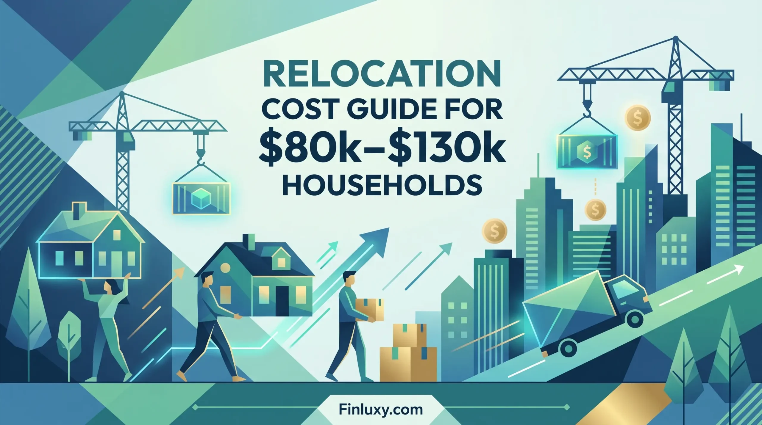 A geometric vector illustration for Finluxy showing people moving houses and boxes towards a city with cranes and a moving truck.