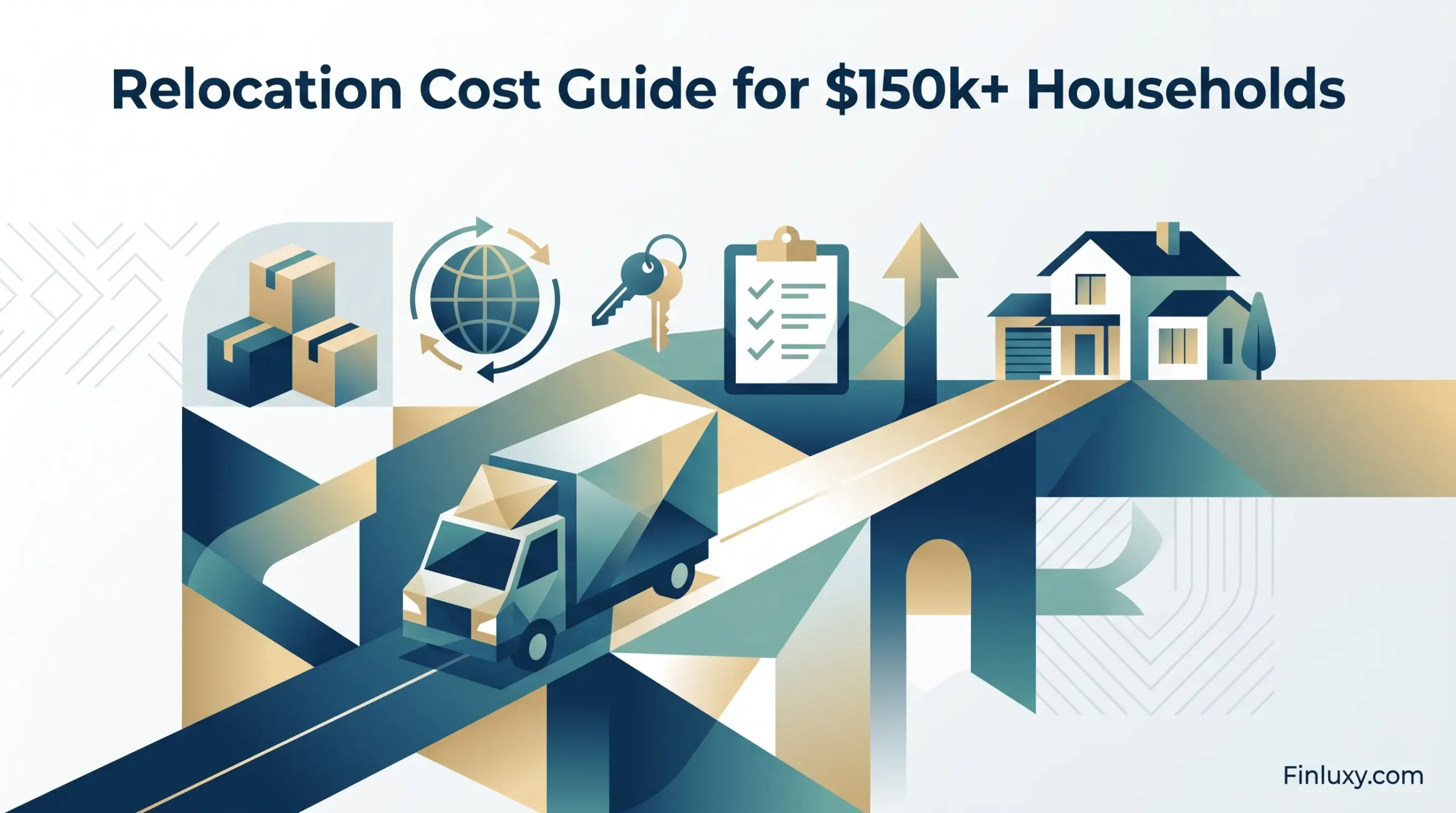 Geometric vector illustration of a moving truck, house, and checklist, symbolizing a high-income household relocation cost guide.