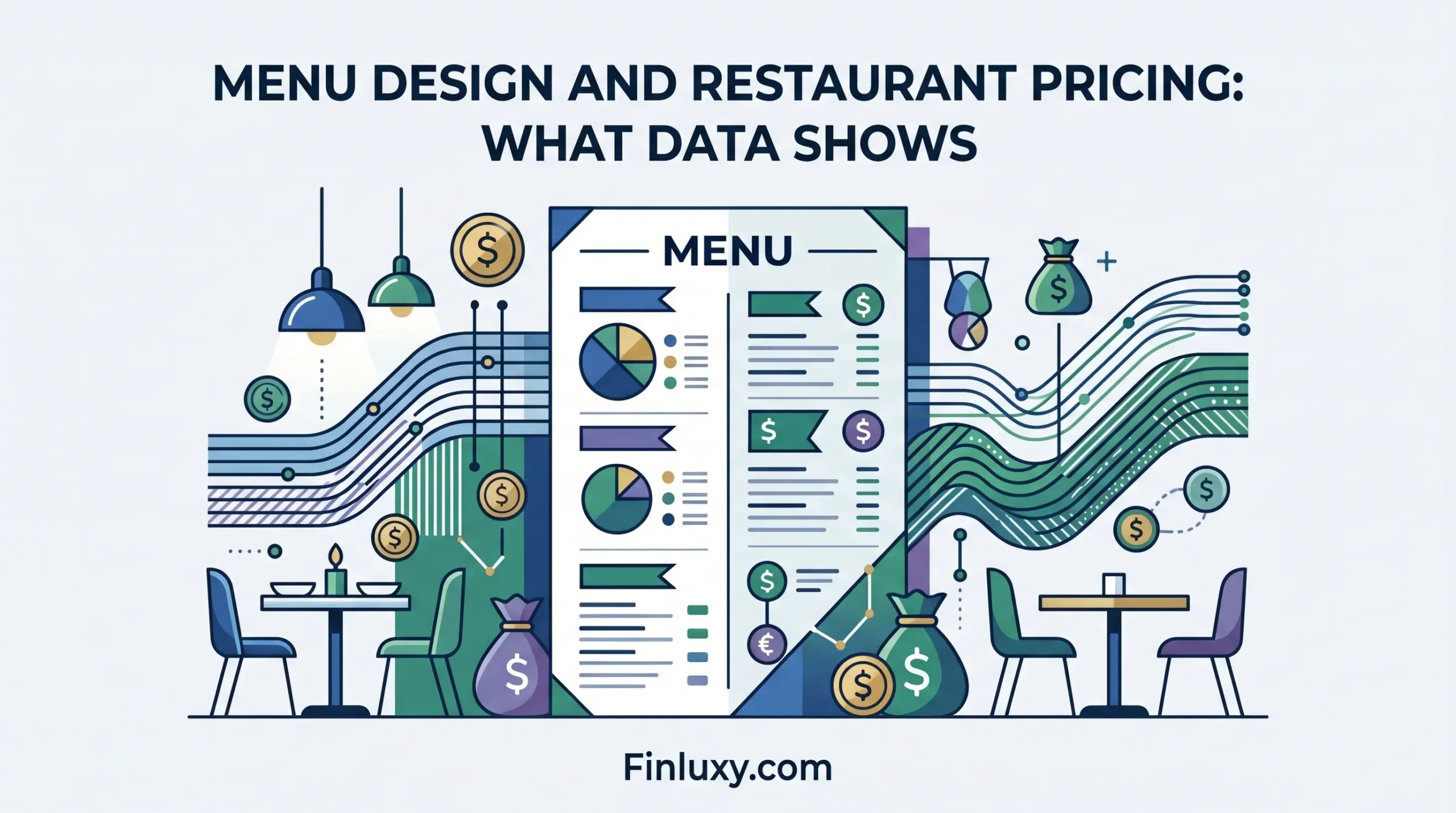 A geometric vector illustration of a restaurant menu with data patterns and money symbols for a Finluxy blog.