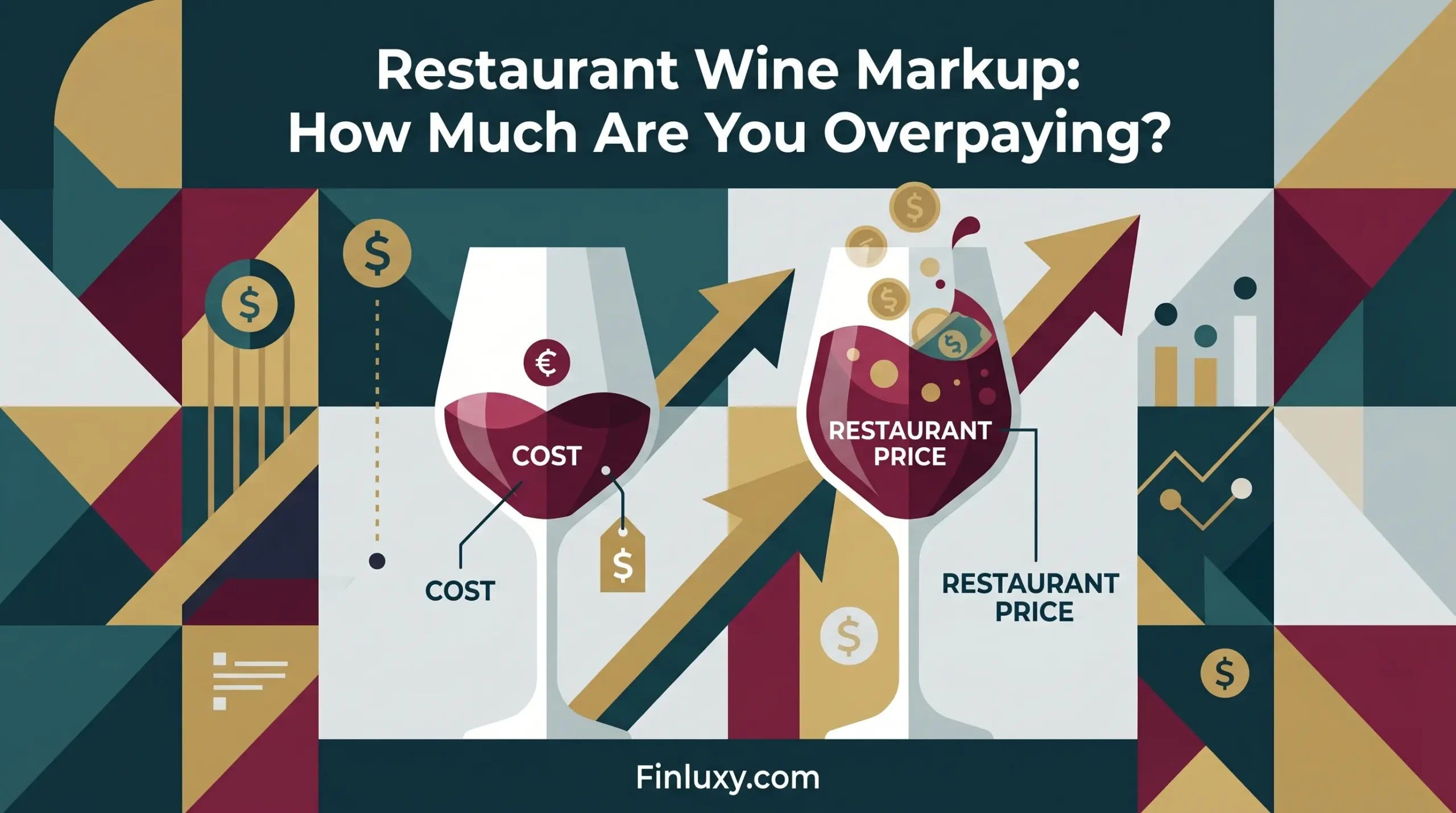 A modern geometric illustration comparing wine cost and restaurant price markup, with stylized wine glasses, coins, and arrows.