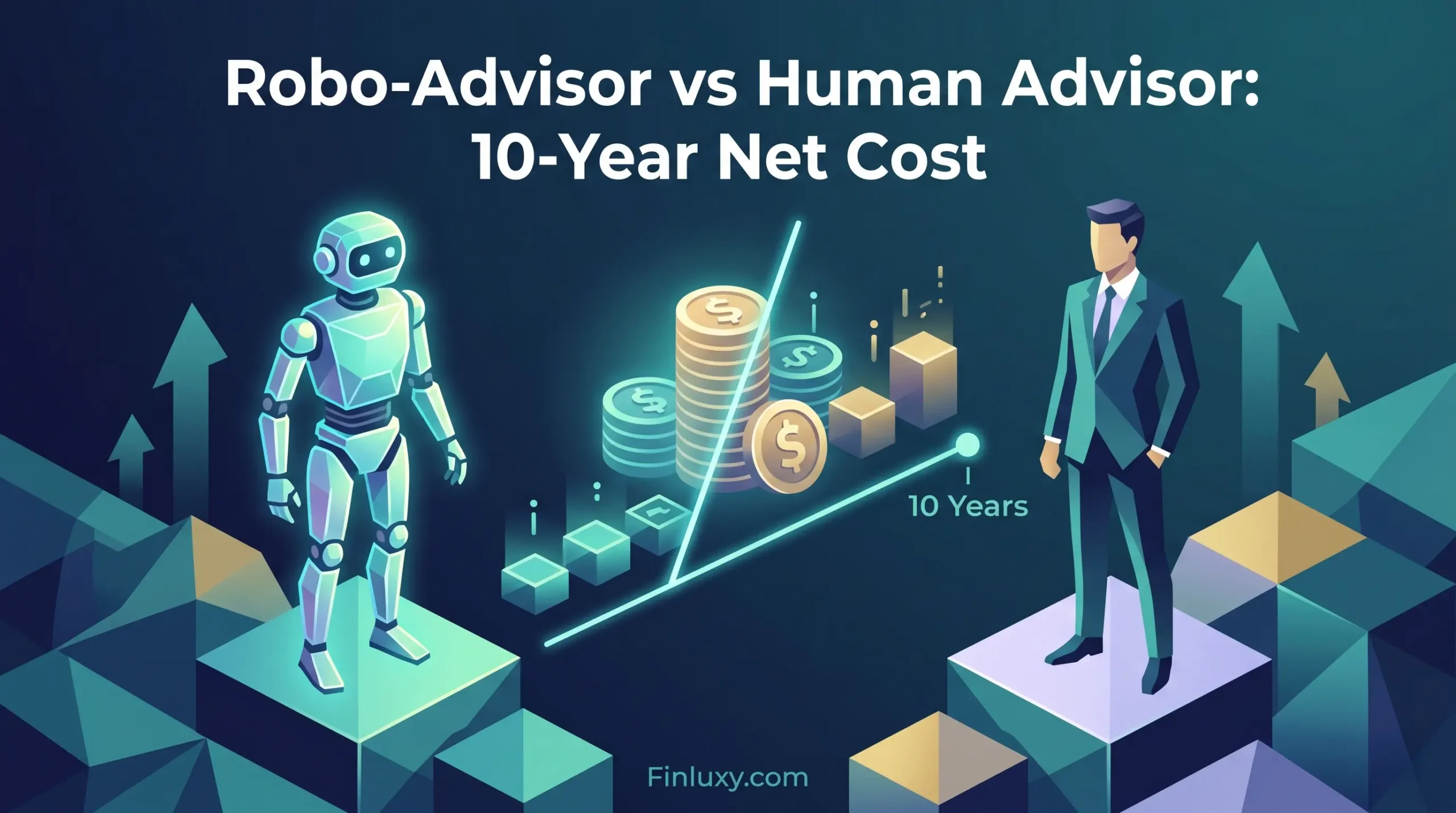 Geometric illustration contrasting a glowing robot and a businessman, comparing long-term financial growth and costs over ten years.