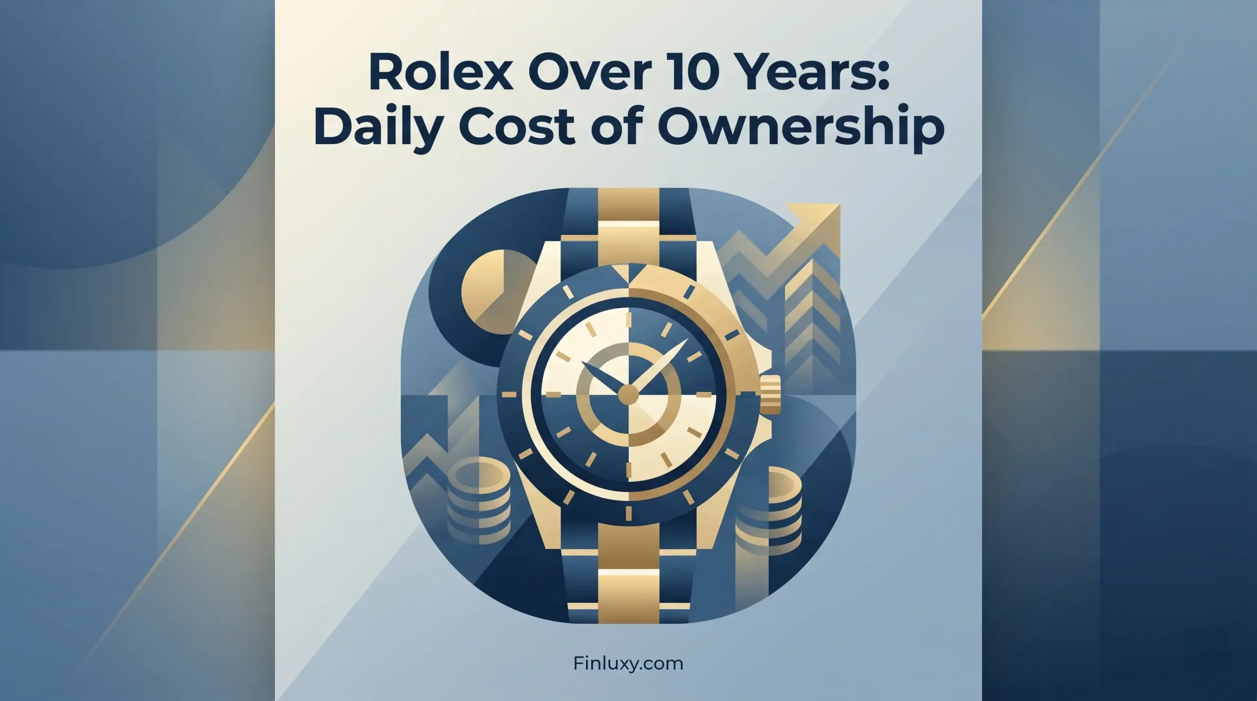 Modern geometric illustration of a luxury watch paired with abstract financial symbols in navy and gold.