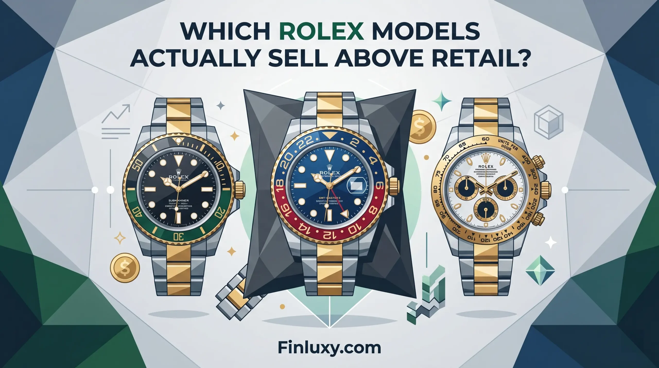 Geometric vector illustration of luxury watches with text "Which Rolex Models Actually Sell Above Retail?" and "Finluxy.com" at the bottom.
