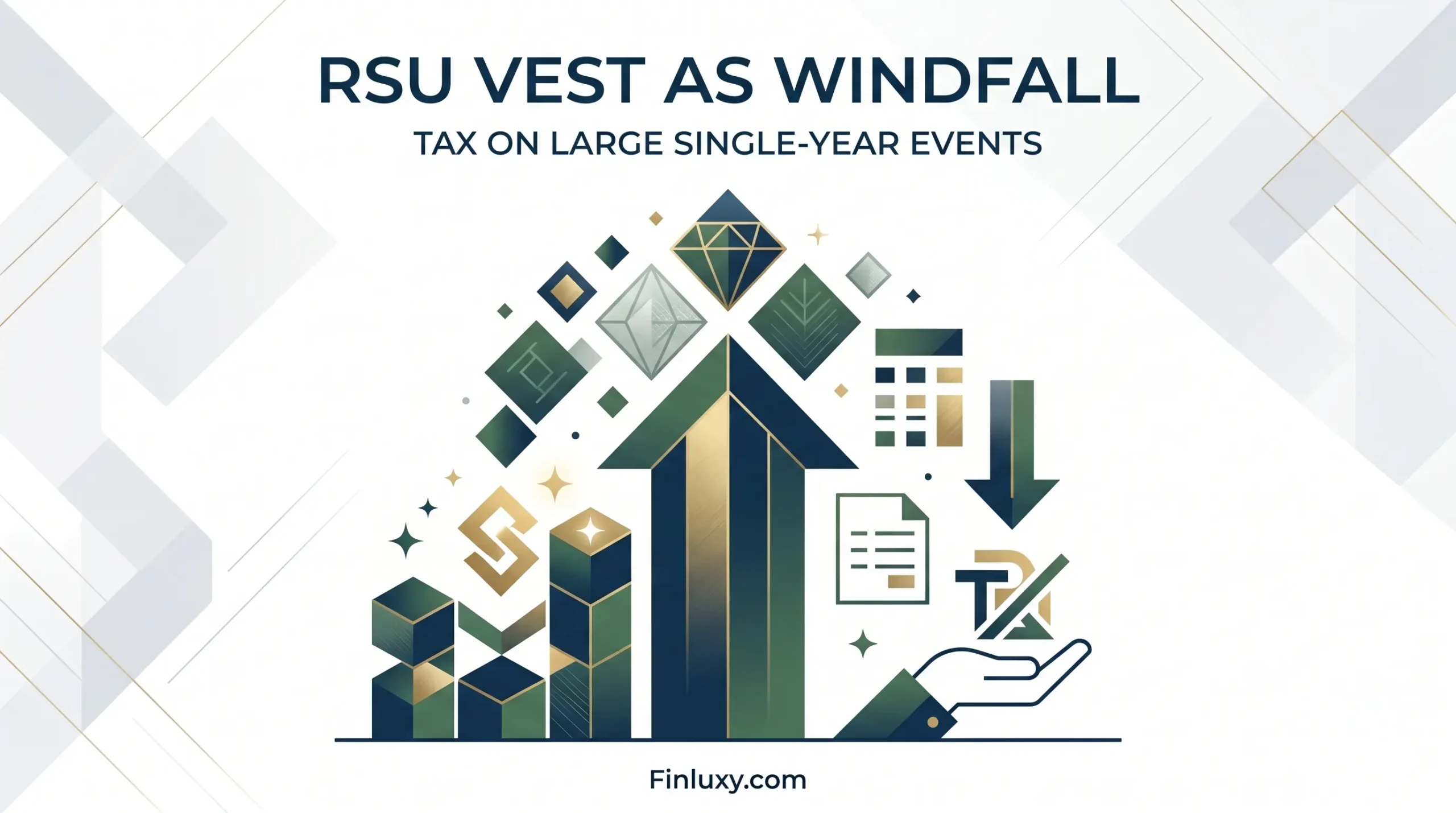 Minimalist geometric illustration with an upward arrow and tax symbols for RSUs.