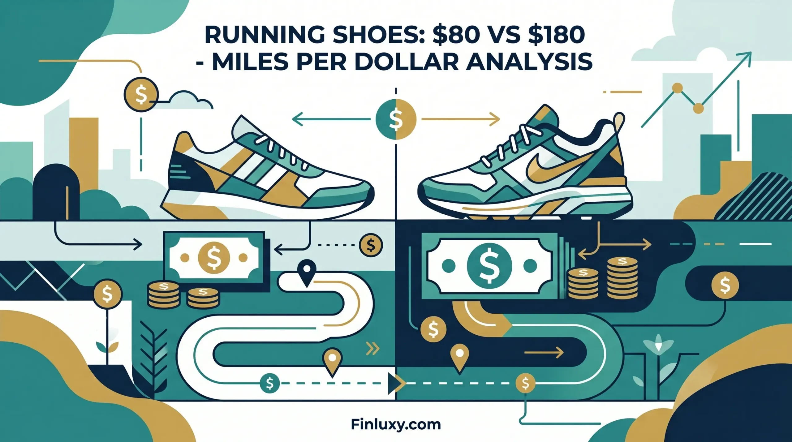Geometric split-screen illustration comparing two running shoes positioned over winding paths and abstract currency symbols.