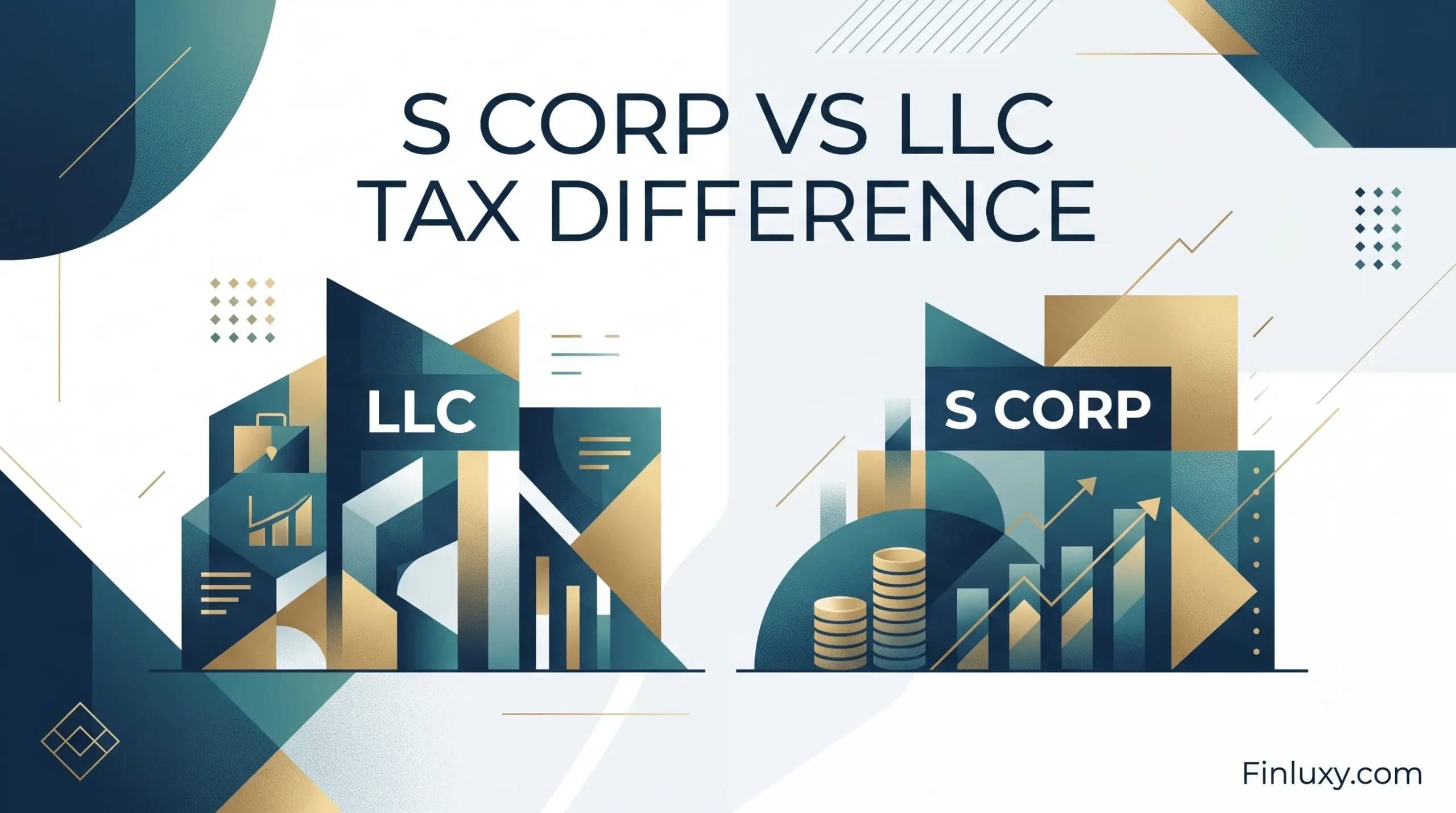 A clean geometric vector illustration comparing LLC and S Corp tax differences, with abstract charts and coins on a white background.