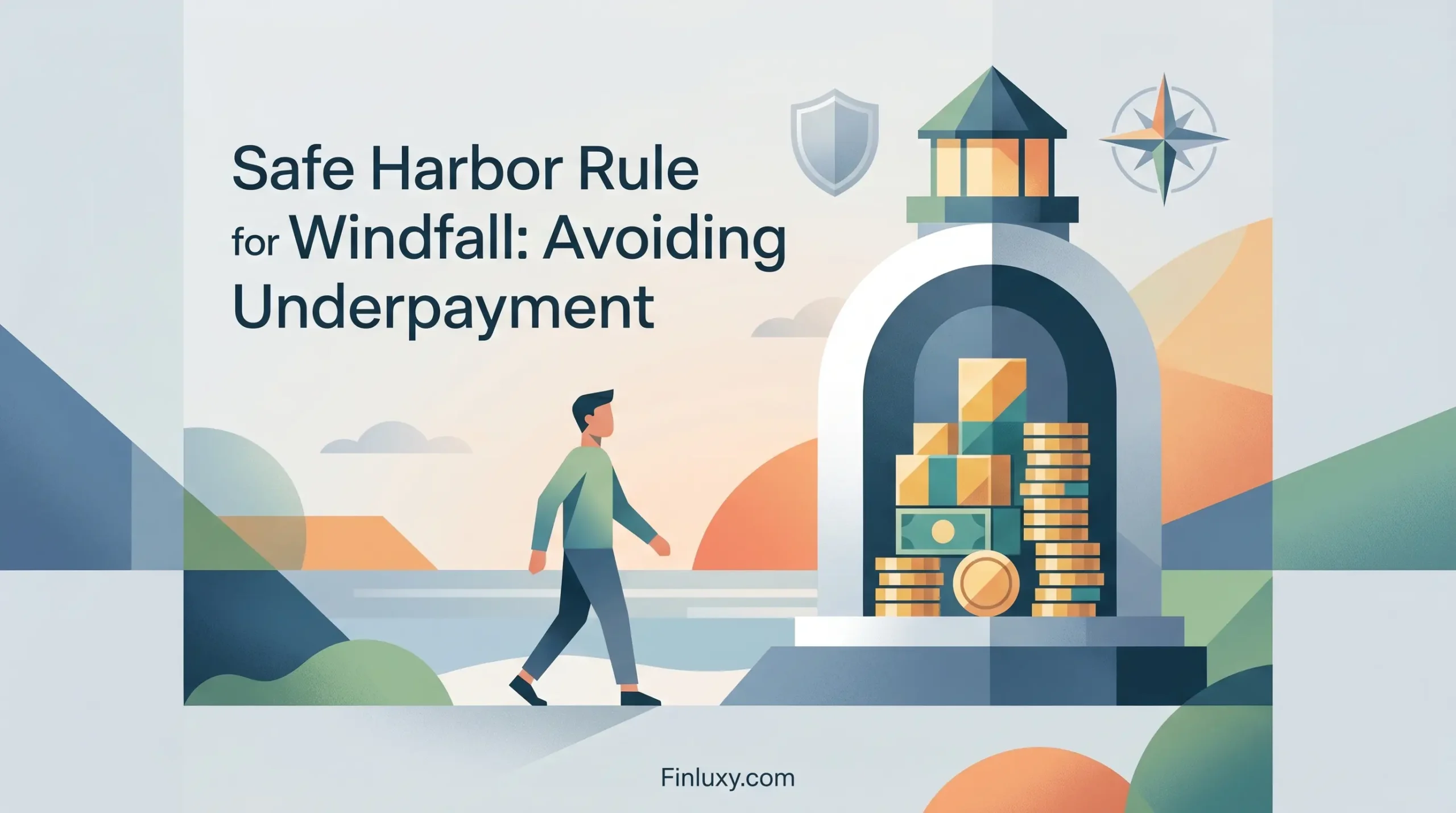 Modern geometric illustration of a person walking toward a lighthouse filled with money, representing safe harbor tax rules.
