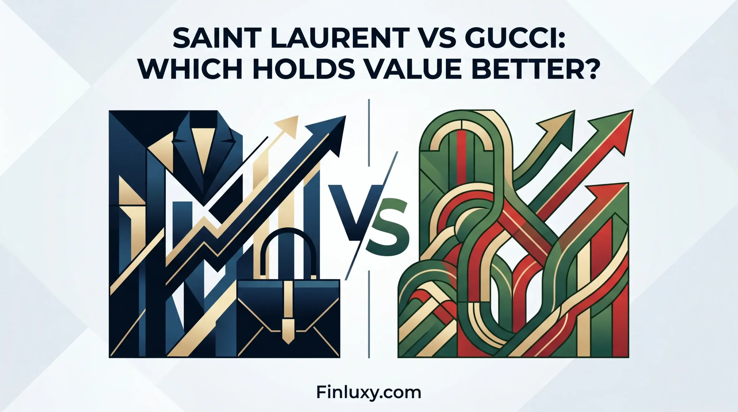 A geometric vector illustration comparing Saint Laurent and Gucci resale value with financial arrows. The title 'Saint Laurent vs Gucci' is at the top.