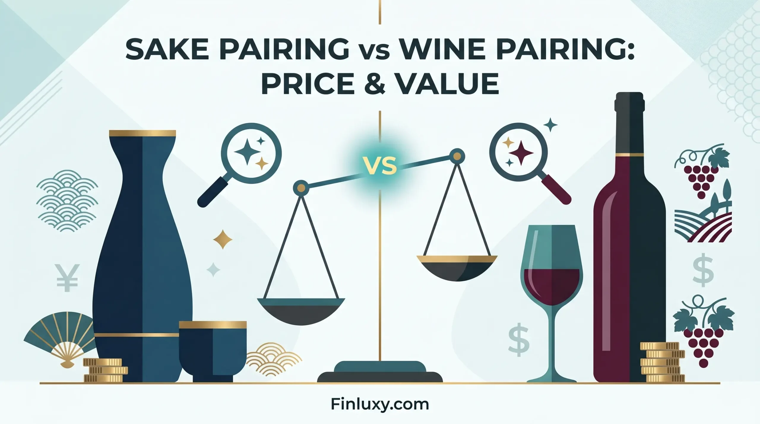 A geometric vector illustration comparing sake and wine, featuring a central balance scale, currency symbols, and text reading "Sake Pairing vs Wine Pairing: Price & Value" and "Finluxy.com."