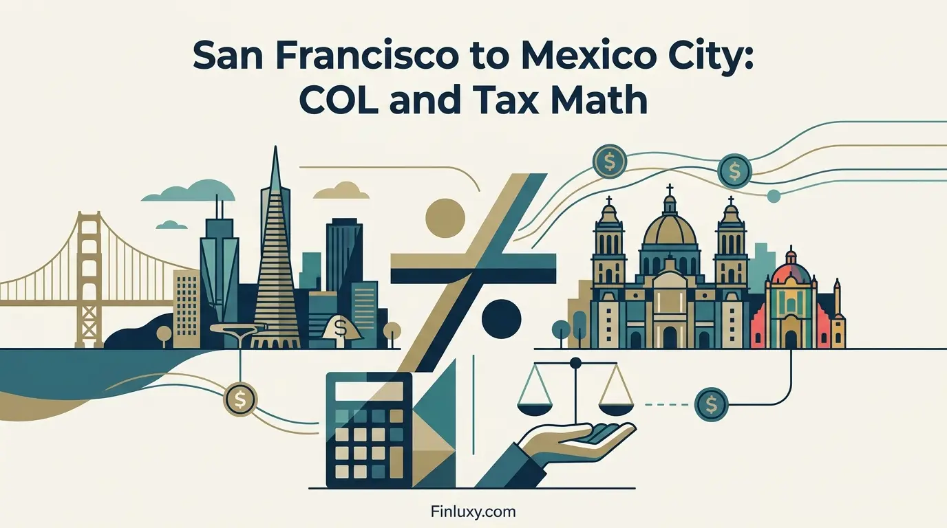 Geometric illustration comparing San Francisco and Mexico City skylines with a calculator and division sign. Text reads: "San Francisco to Mexico City: COL and Tax Math".