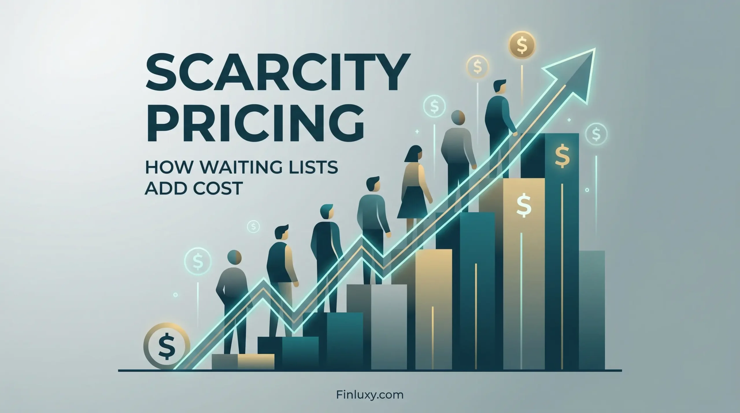 Geometric illustration showing a queue on rising bar charts with cost symbols, for Finluxy.com.