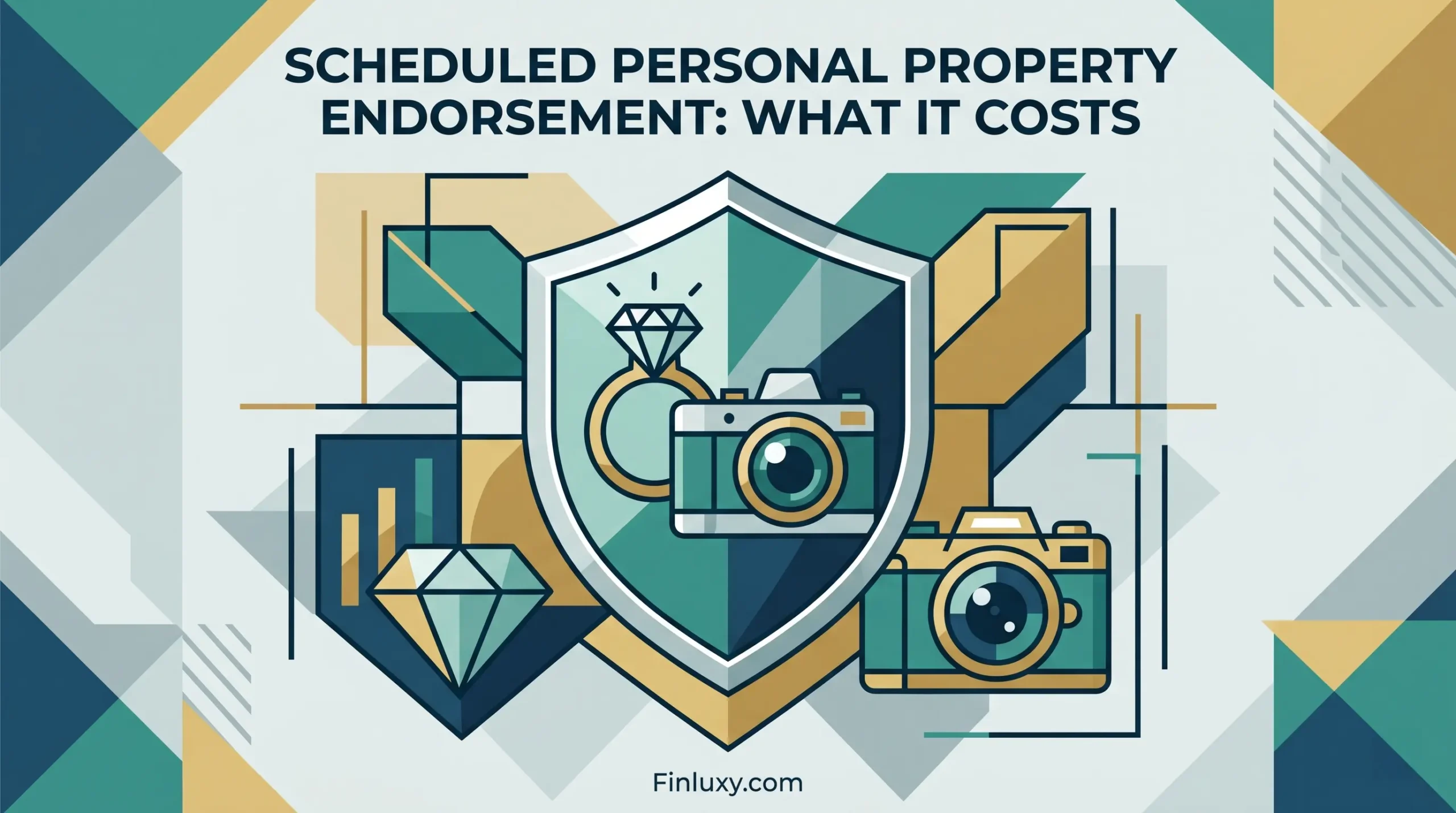 Geometric vector illustration of a protective shield, diamond ring, and camera, featuring the headline "Scheduled Personal Property Endorsement: What It Costs."