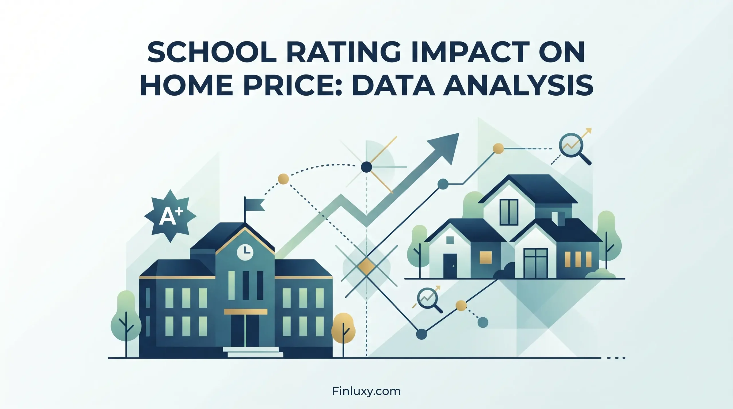 A minimalist vector illustration shows a line connecting a school with an A+ rating to a cluster of homes, with data points and upward arrows.