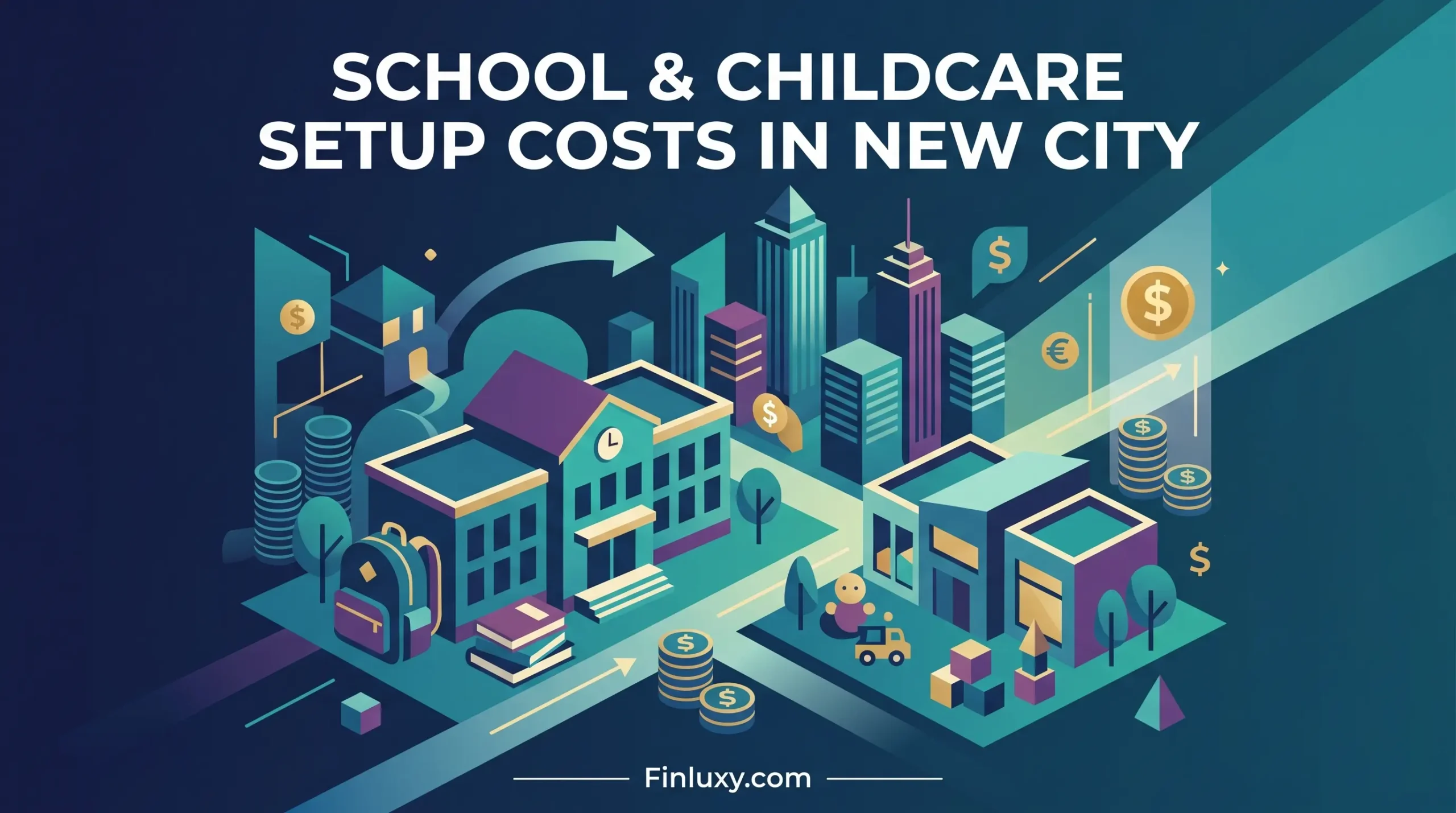 An isometric illustration of a city with a school, a daycare building, school supplies, toys, and scattered currency coins.