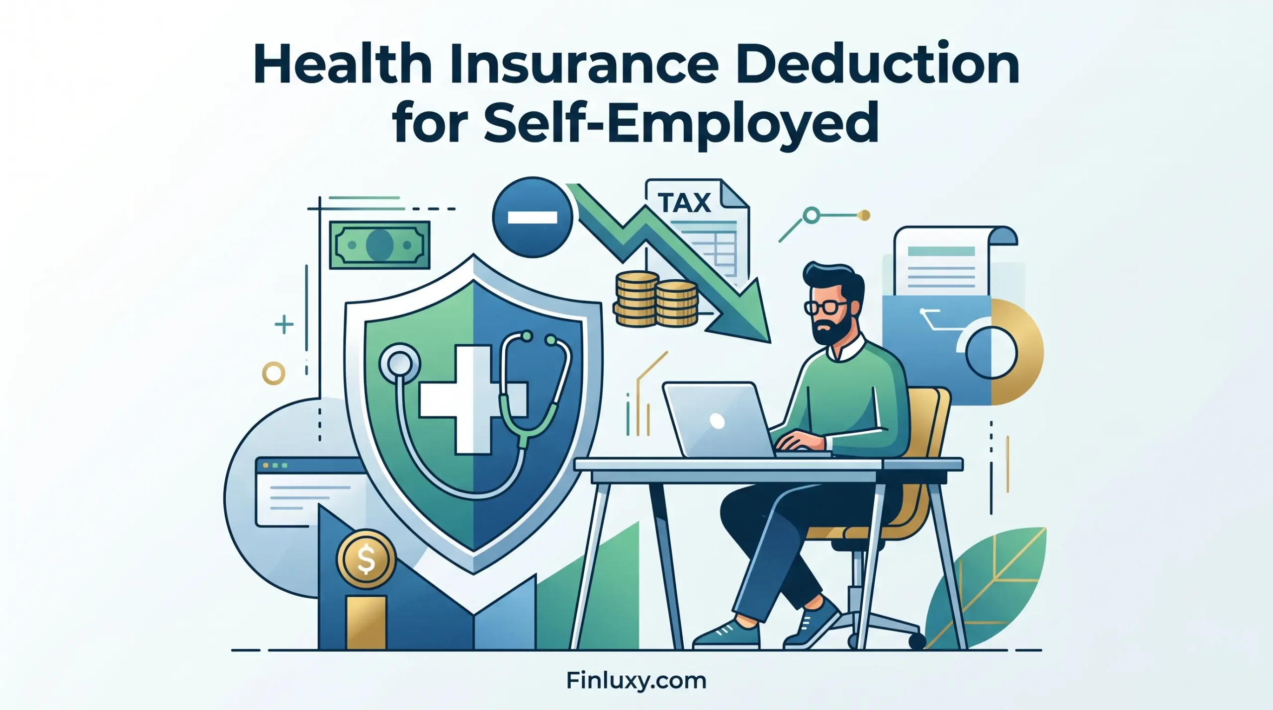 A geometric illustration of a self-employed person calculating a health insurance deduction, next to a medical shield and a tax form.