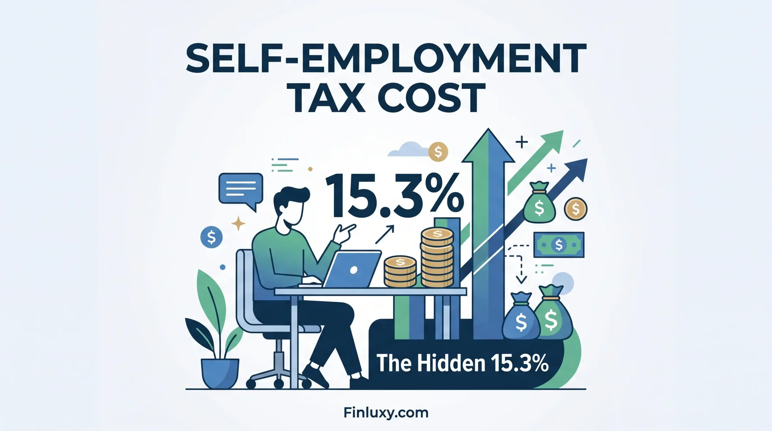 A clean vector illustration shows a person at a desk pointing to the numbers '15.3%', symbolizing self-employment tax.