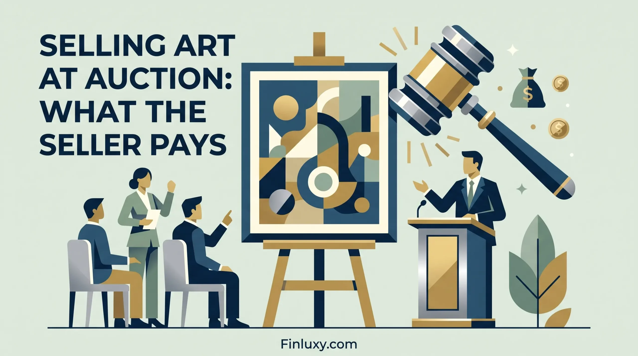 A geometric vector illustration showing an art piece, a gavel, and subtle currency symbols in a clean composition with a Finluxy URL.