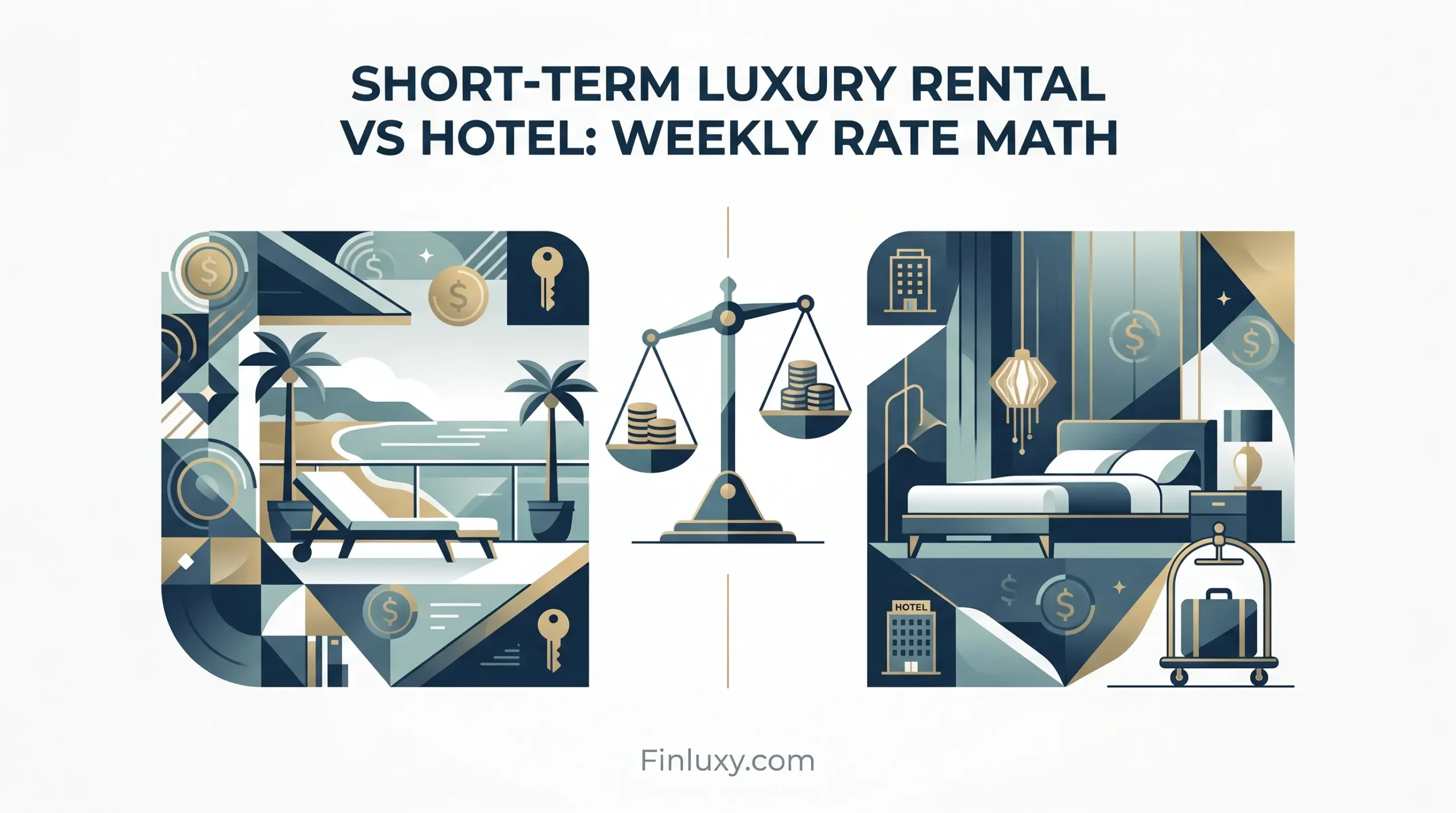 A geometric illustration compares a luxury rental villa and a hotel room with a balance scale.