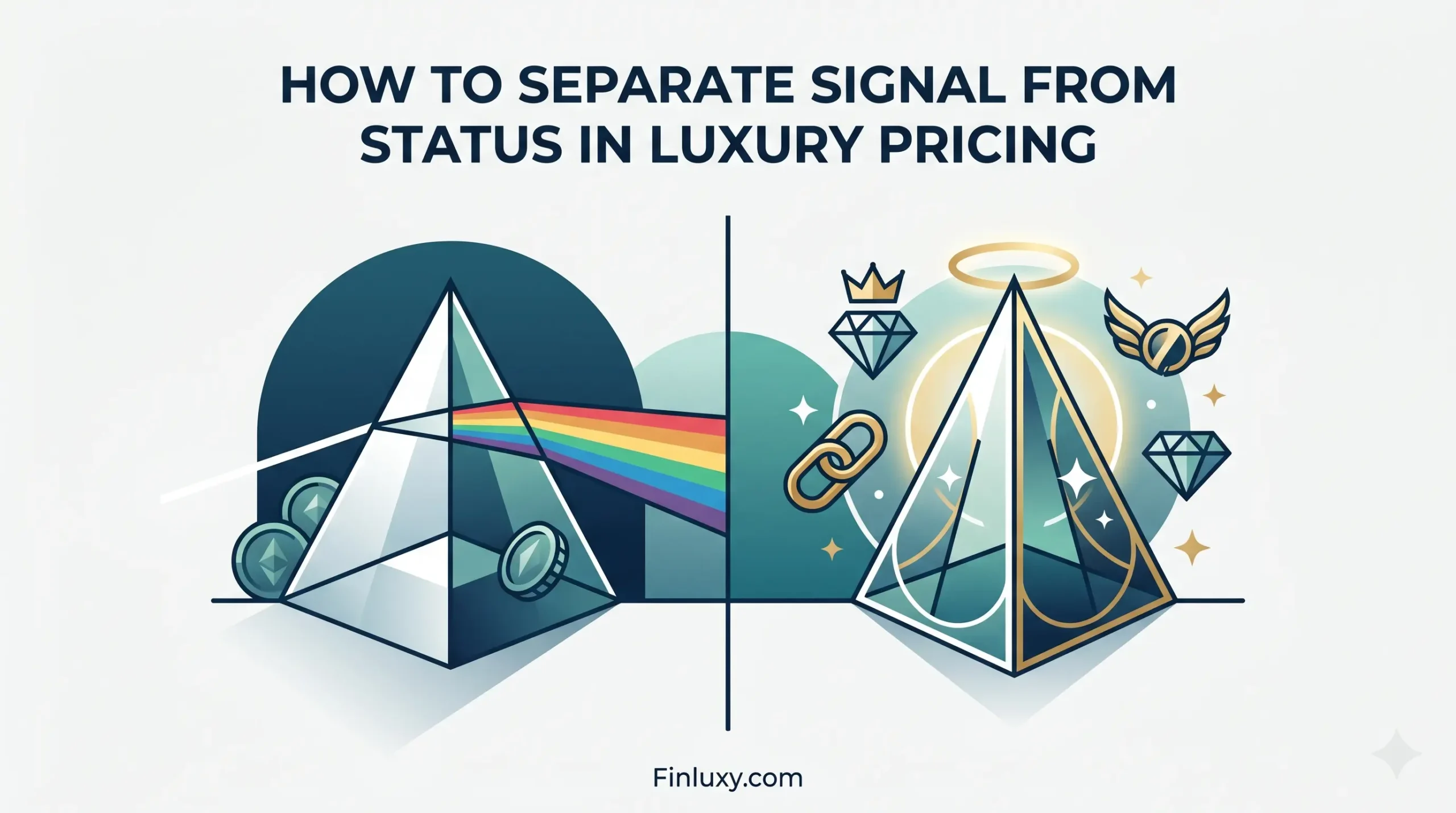 A split geometric illustration comparing a factual prism rainbow signal on the left with luxury status symbols like diamonds and crowns on the right.