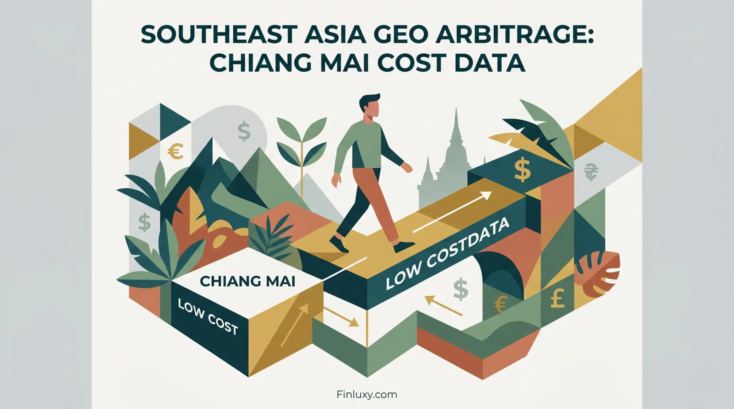 Geometric vector illustration of a man walking over Chiang Mai and Low Cost Data blocks, for a Finluxy financial article.