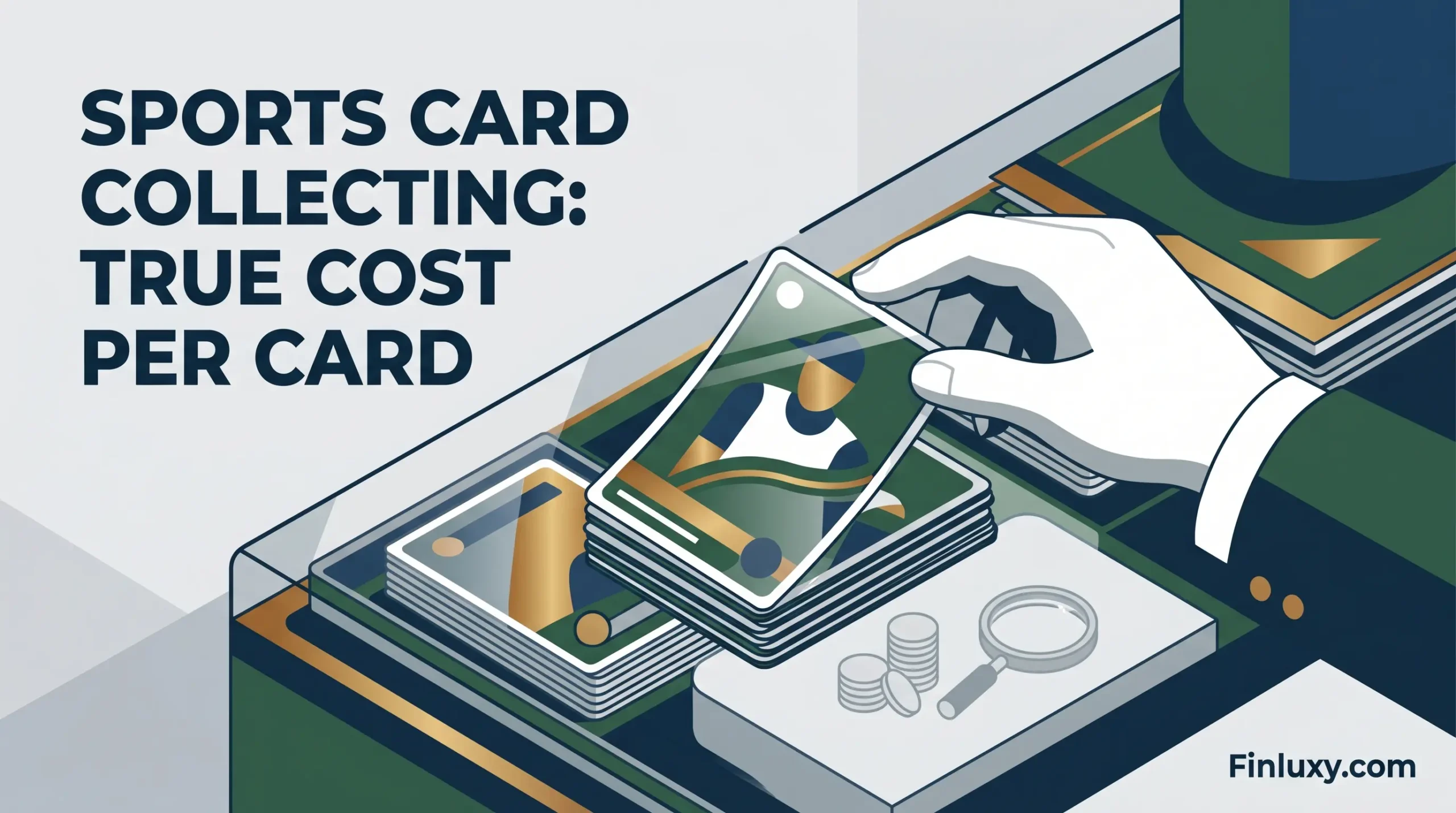 Geometric vector illustration for Finluxy.com showing a hand selecting sports cards from a glass case.