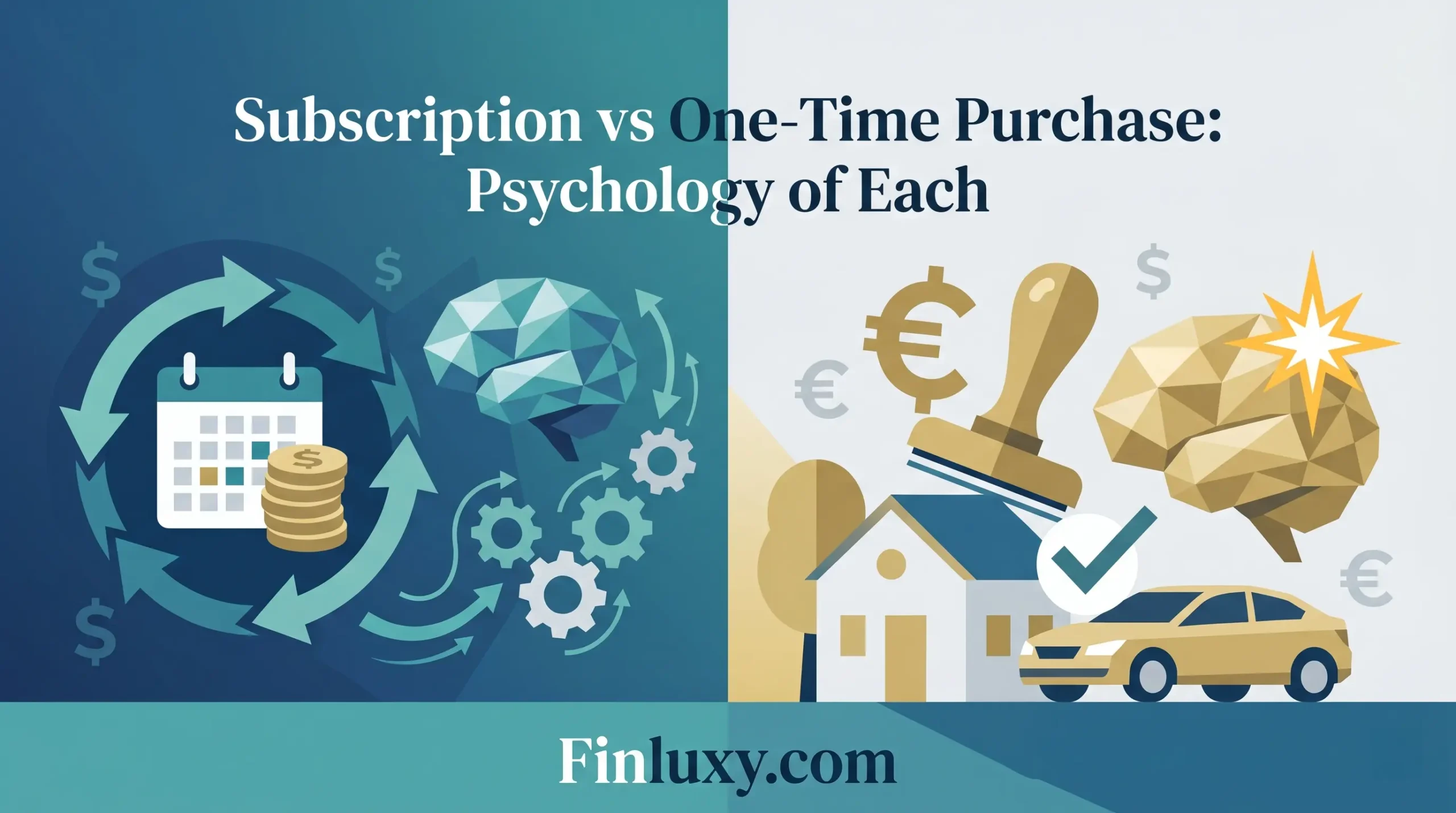 A geometric illustration contrasting a recurring subscription model (arrows, calendar) against a decisive, one-time purchase decision. Finluxy.com.
