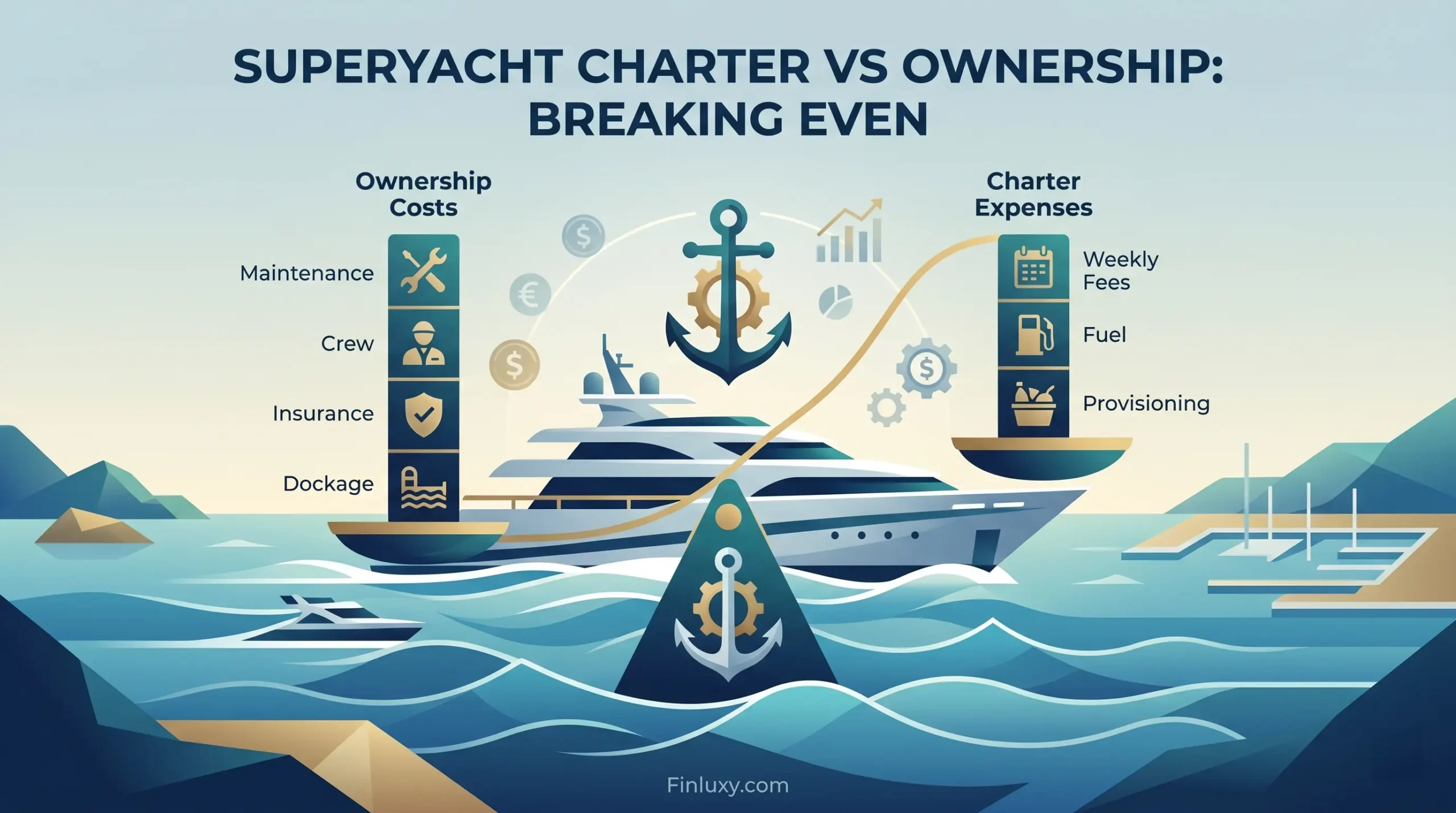 Geometric vector illustration of a superyacht and a balance scale comparing the financial costs of chartering versus ownership.