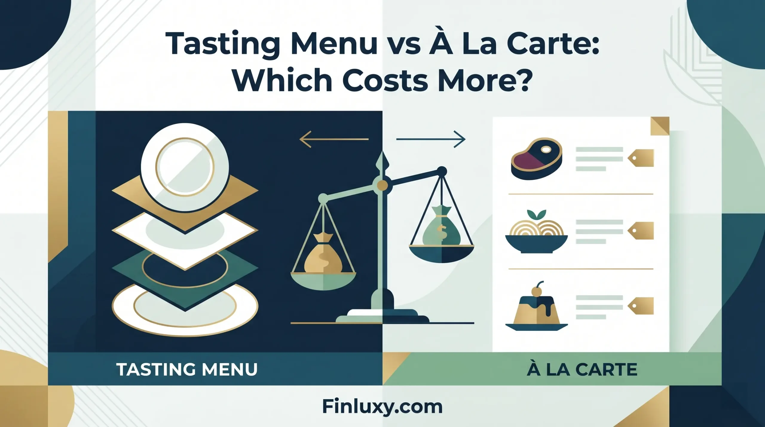 A geometric illustration comparing a layered tasting menu on a balance scale against individual à la carte items on a menu.