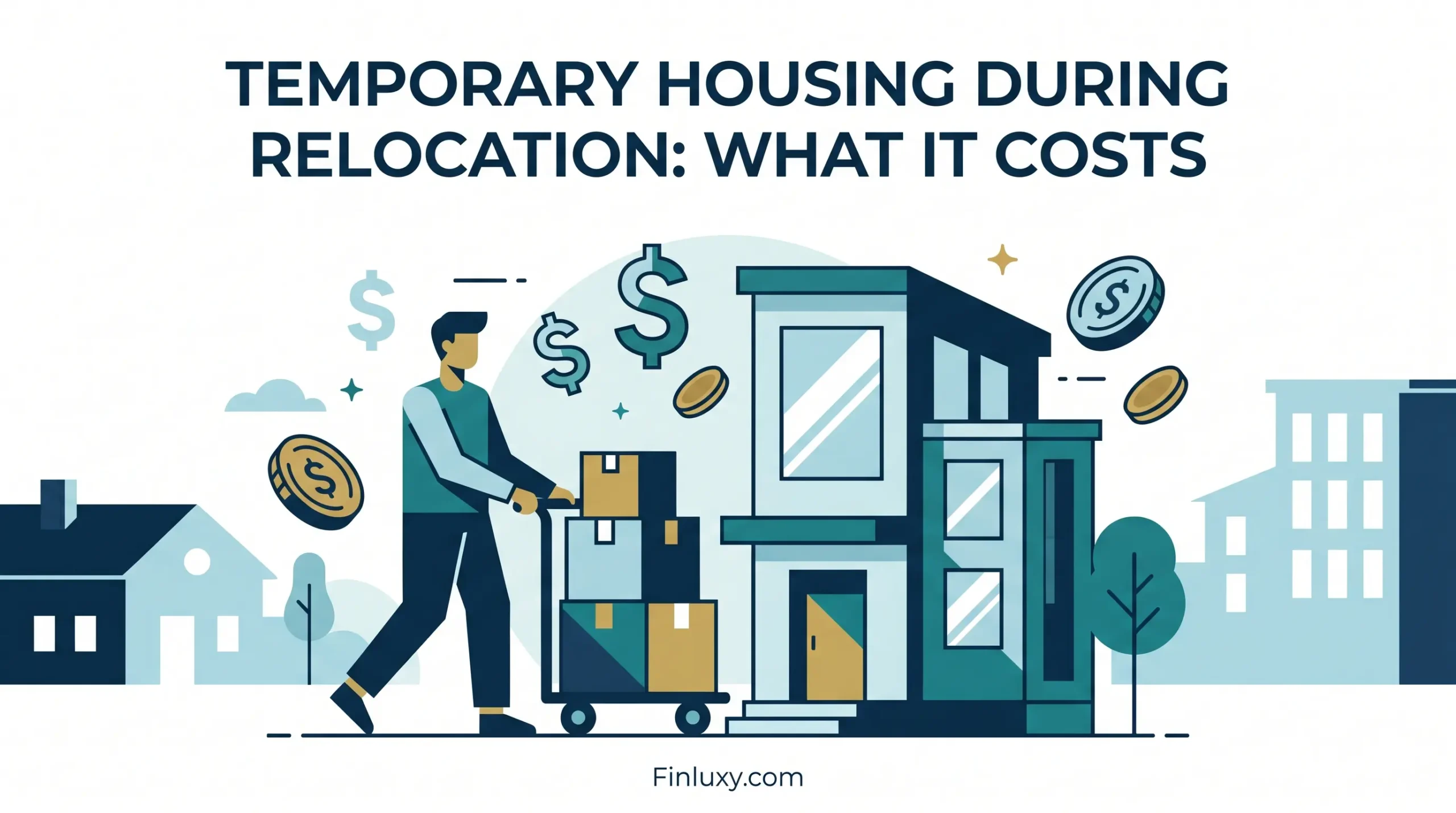 Geometric illustration showing a man moving boxes next to a modern temporary housing complex with dollar signs and coins, under the article title.
