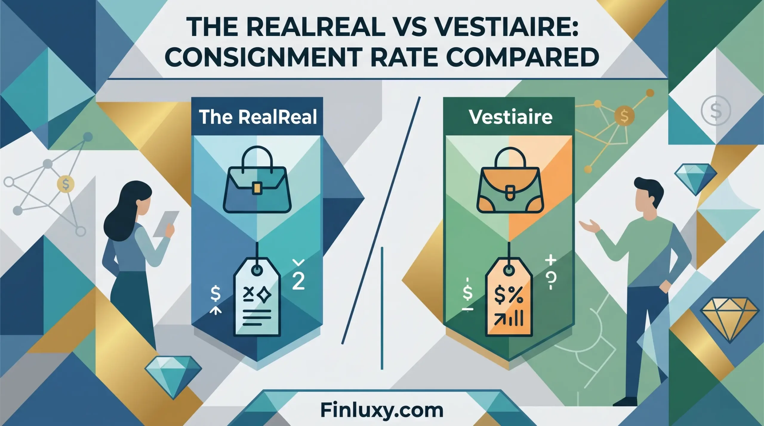 Geometric vector illustration comparing luxury consignment rates of The RealReal and Vestiaire Collective, featuring minimalist shopping bag and price tag icons.