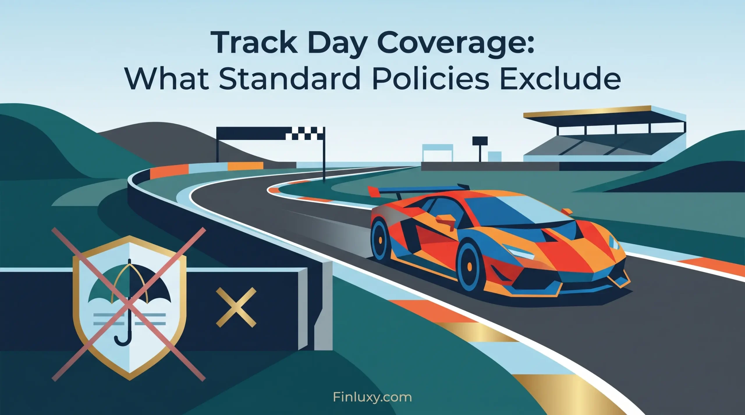 A geometric illustration of a sportscar on a racetrack, next to a crossed-out insurance shield symbol.
