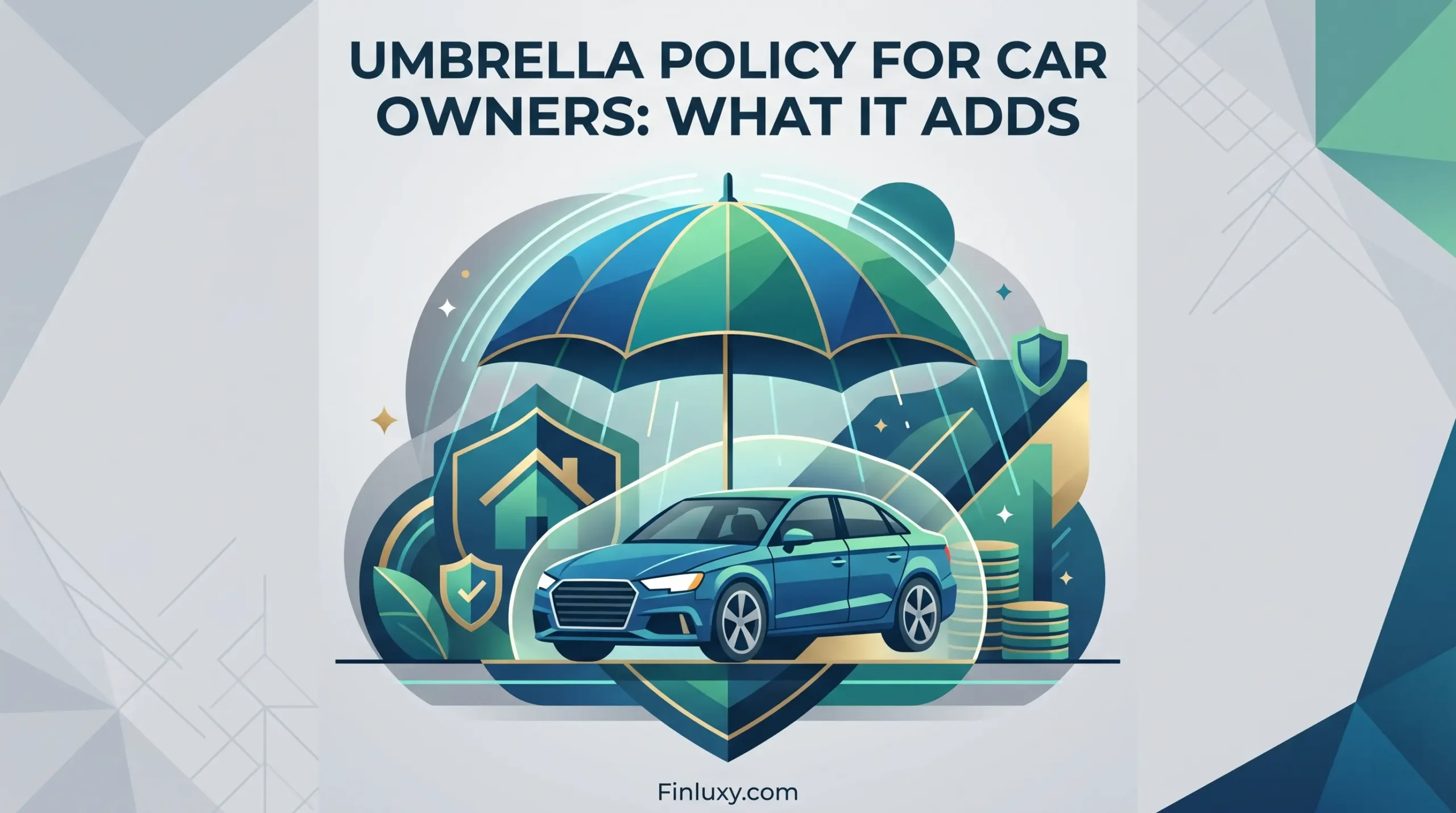 A geometric vector illustration featuring a stylized car and a large umbrella protecting it and surrounding assets, with the title "Umbrella Policy for Car Owners" and Finluxy.com URL.
