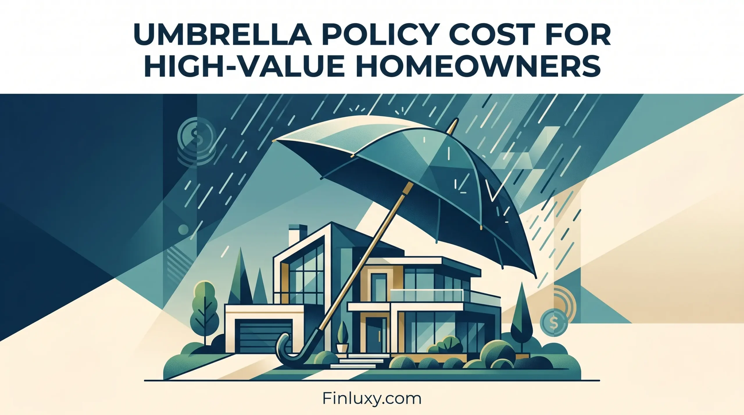 A stylized vector illustration of an umbrella sheltering a luxury house from rain, labeled "Finluxy.com" for a financial blog.