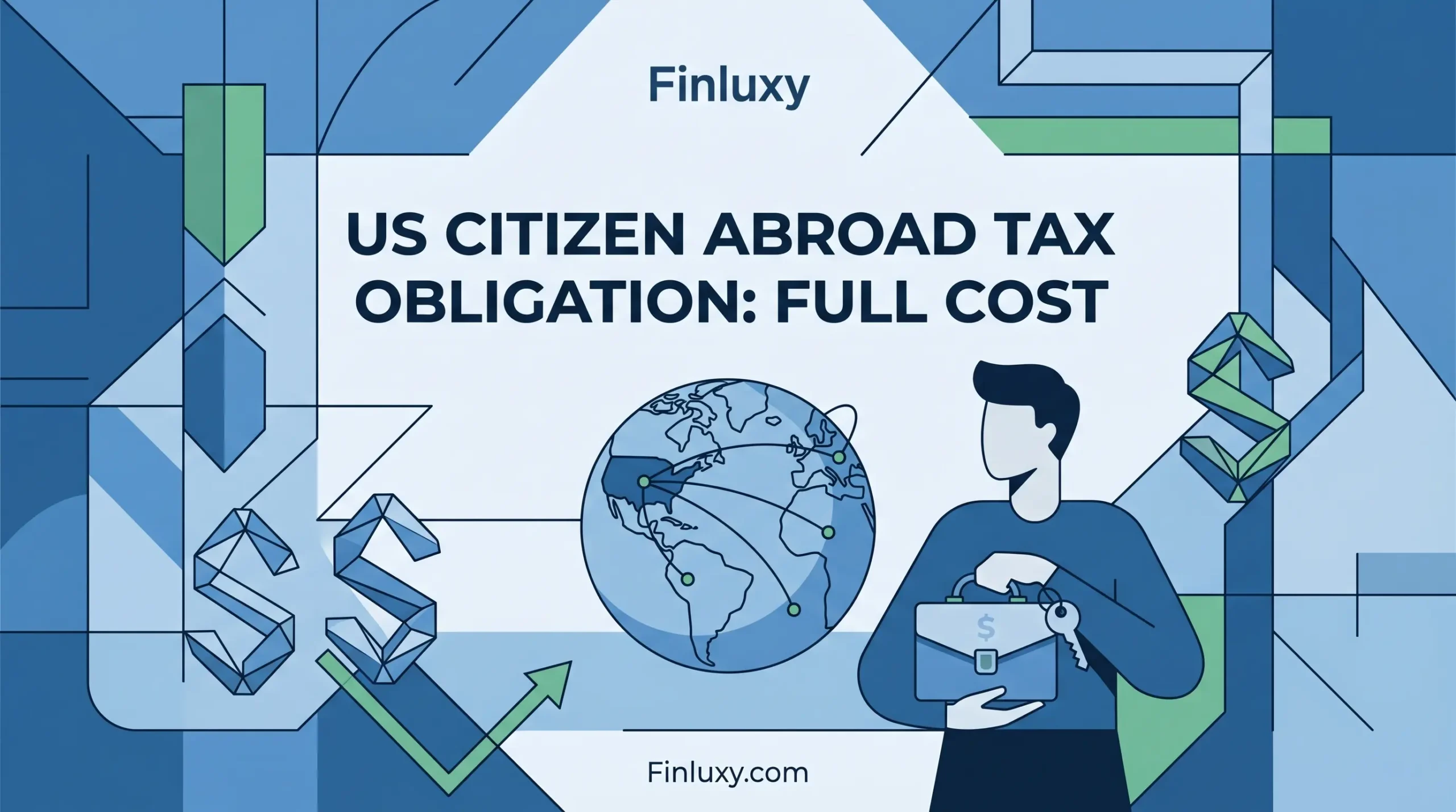 Minimalist geometric vector illustration of a global map and a person with a briefcase, representing international US citizen tax obligations.
